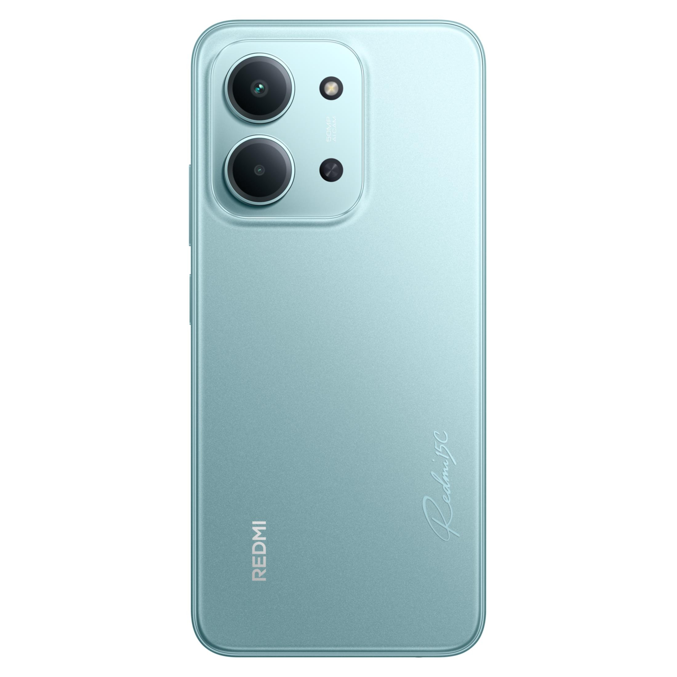 Back of a teal smartphone with dual cameras and Redmi branding.