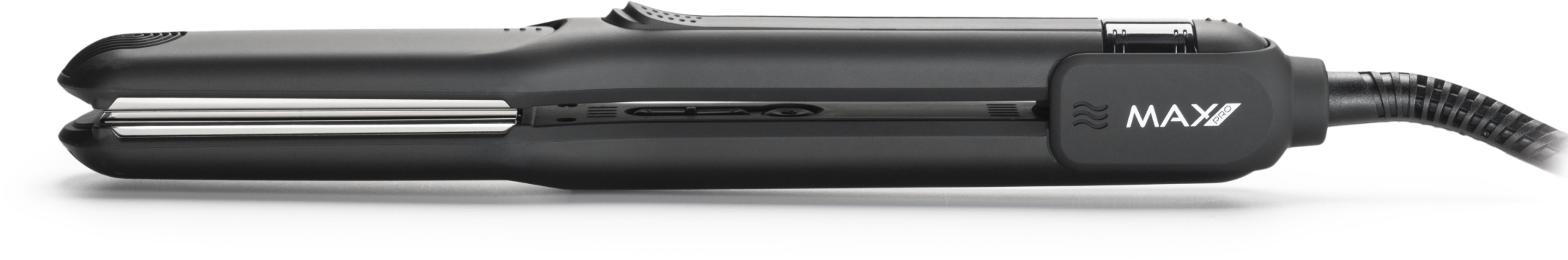 Schwarzer Haarglätter mit silbernen Platten und dem MAX PRO Logo.