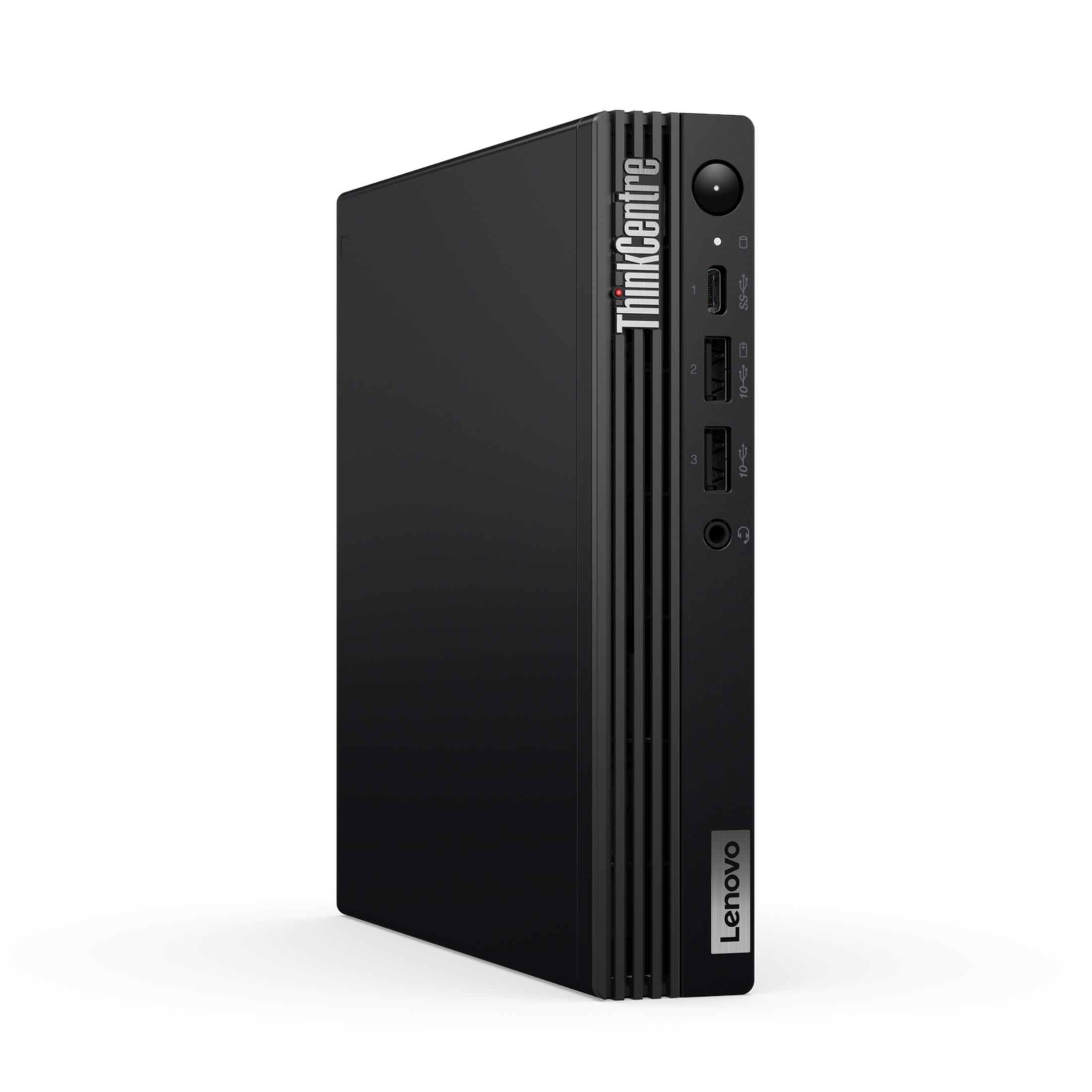 Un computer desktop Lenovo ThinkCentre nero con porte USB e jack audio.