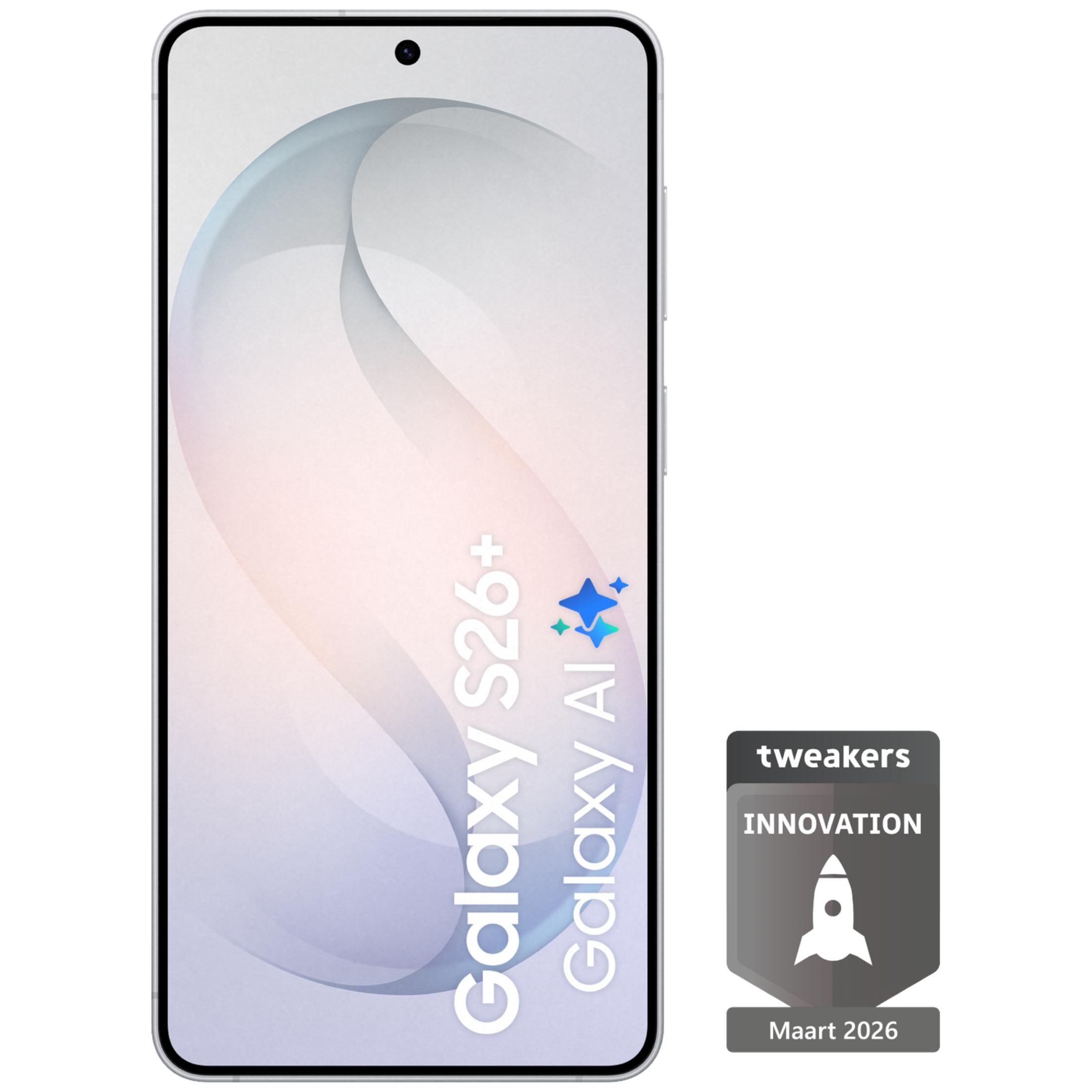 Smartfon z napisem 'Galaxy S26+ Galaxy AI' i odznaką innowacji.