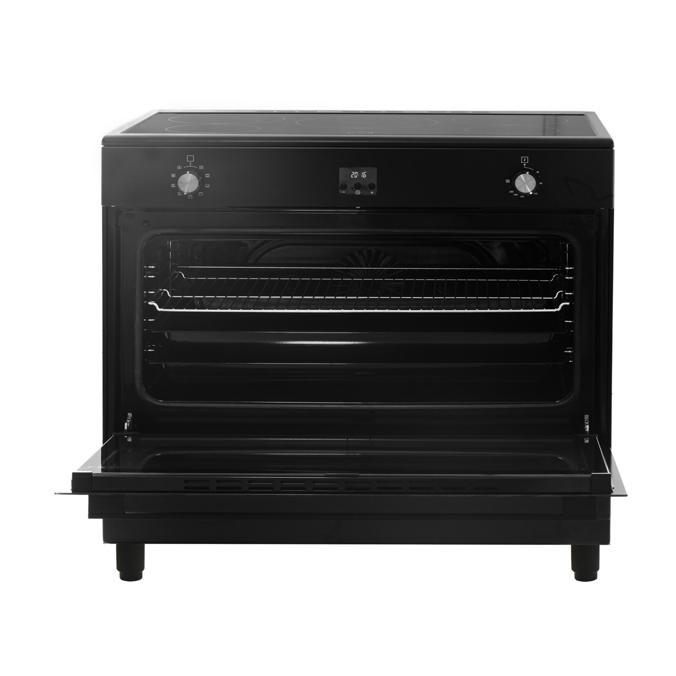 A black built-in oven with its door open and a cooktop.