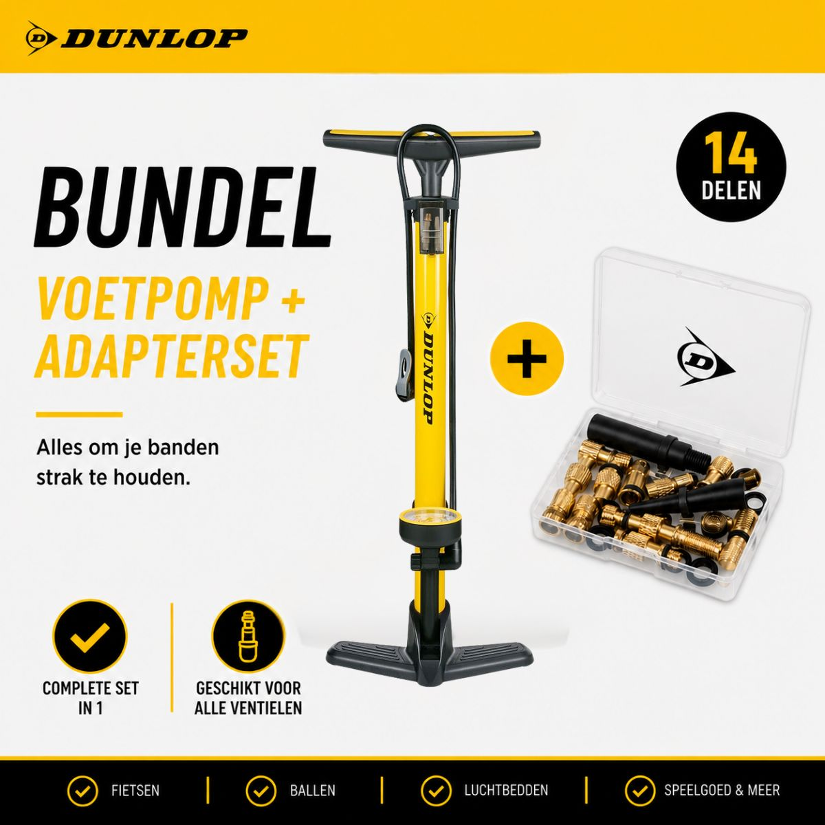 Yellow Dunlop foot pump and adapter set bundle with 14 parts.