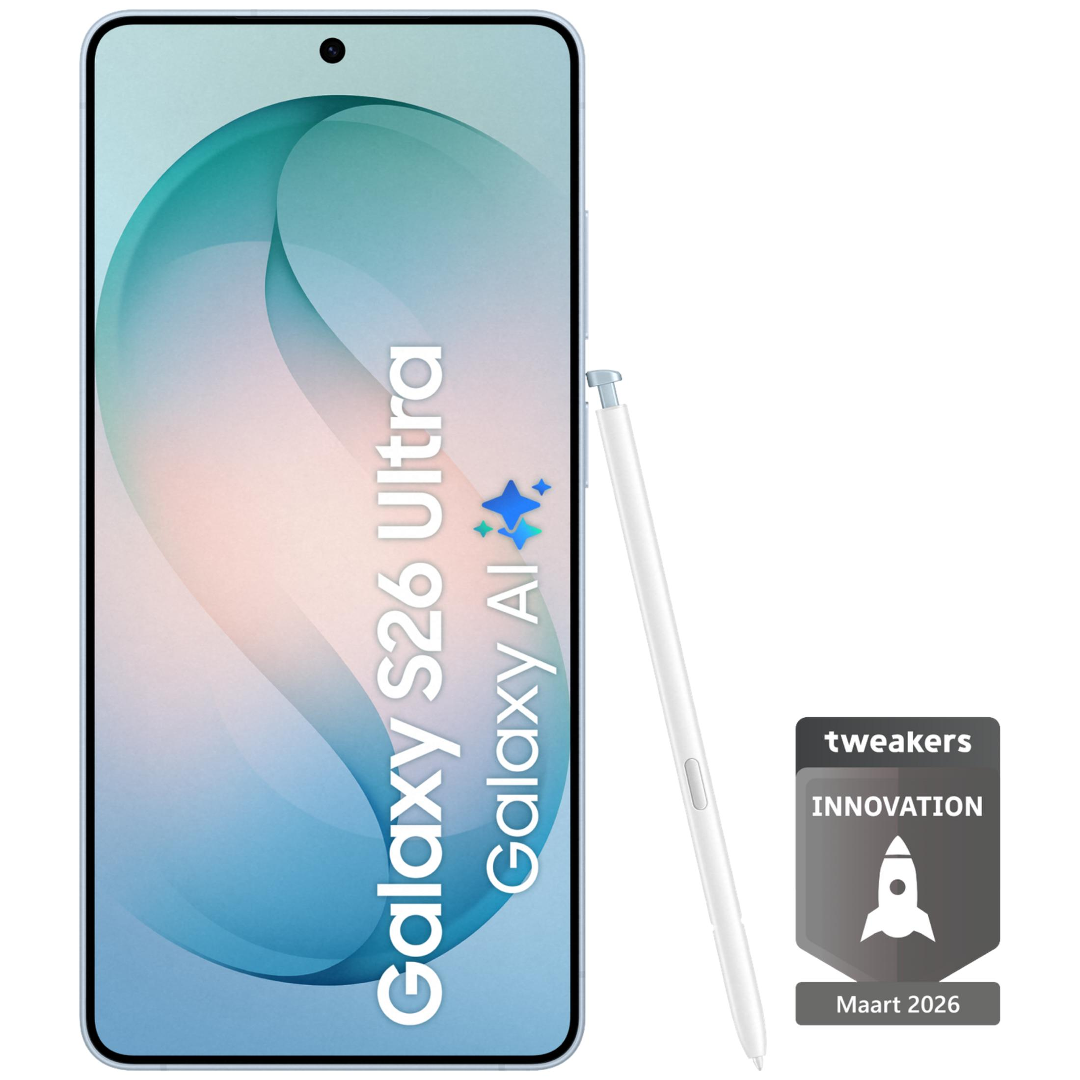 Jasnoniebieski smartfon z białym rysikiem, tekst 'Galaxy S26 Ultra', 'Galaxy AI'.