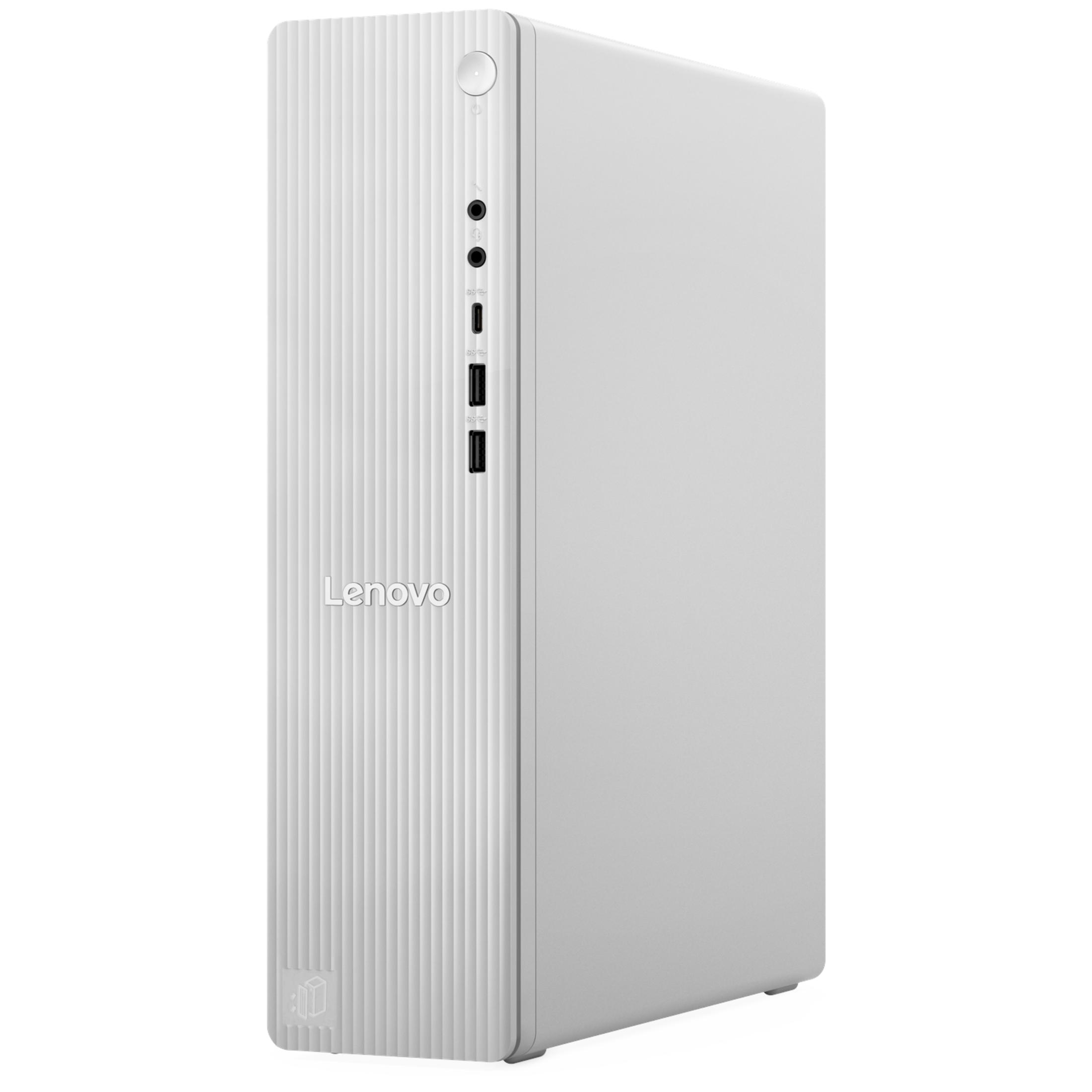 Un PC Lenovo blanc avec des rainures verticales et des ports en façade.