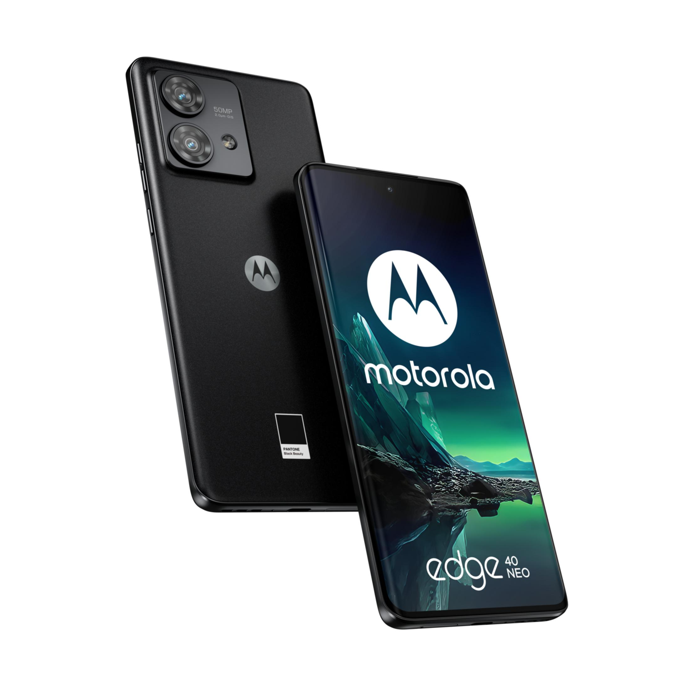 Dwa czarne telefony Motorola Edge 40 Neo na białym tle.