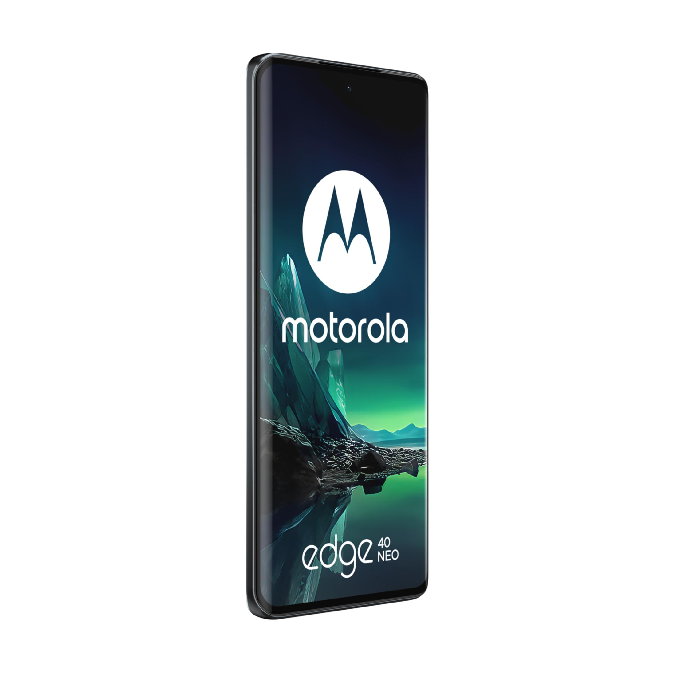 Telefon Motorola Edge 40 Neo z tapetą z abstrakcyjnymi kryształami.