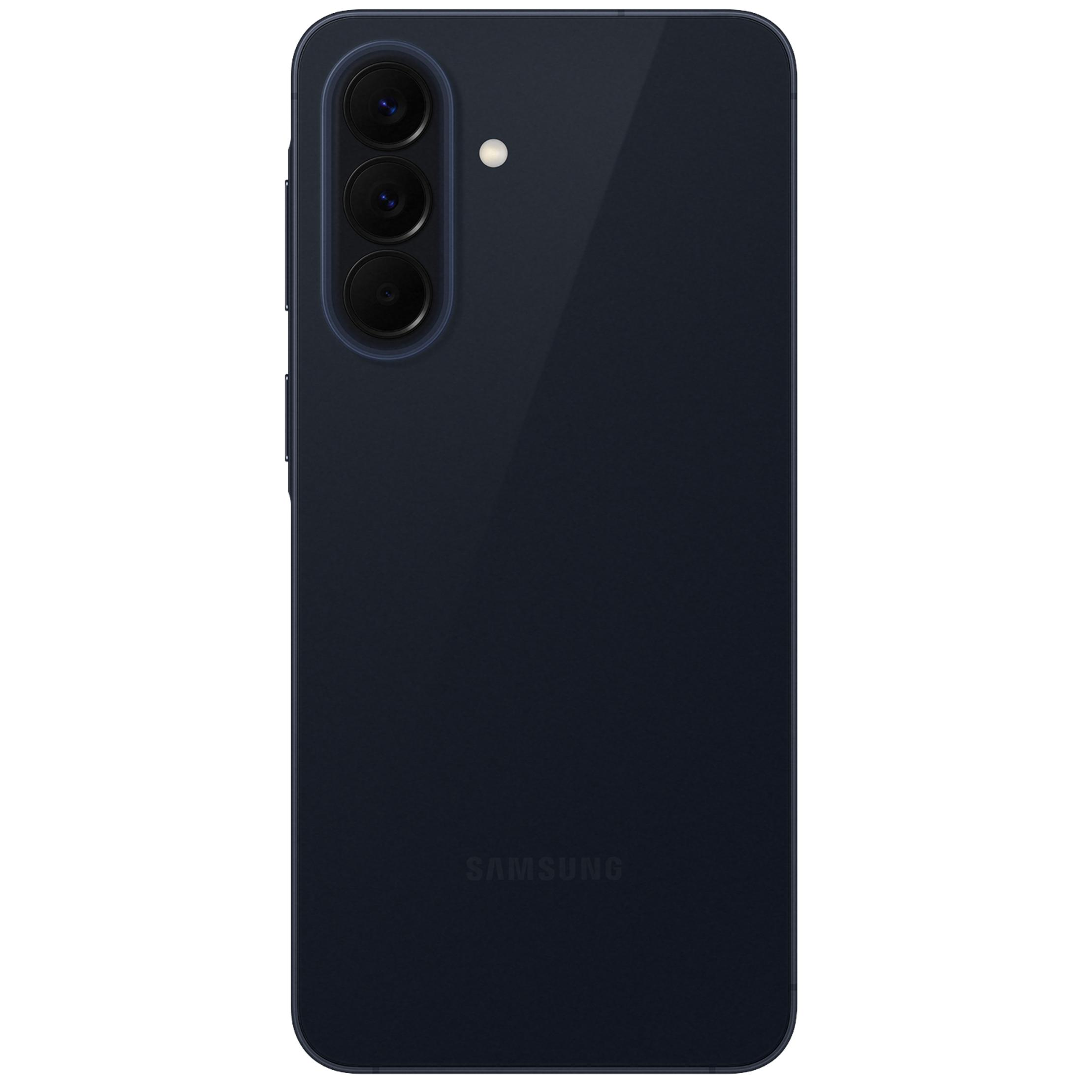 Ciemnoniebieski smartfon z trzema aparatami i lampą błyskową z tyłu.
