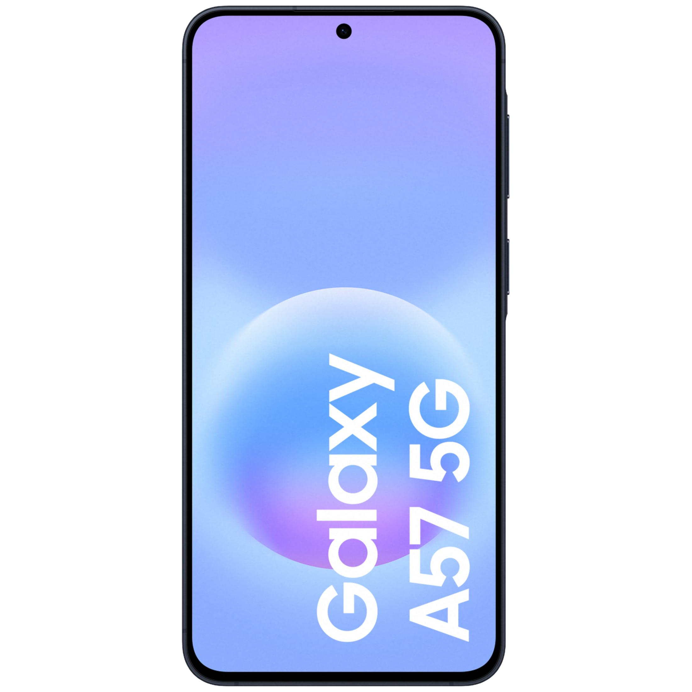 Czarny smartfon z napisem Galaxy A57 5G na niebieskim tle.