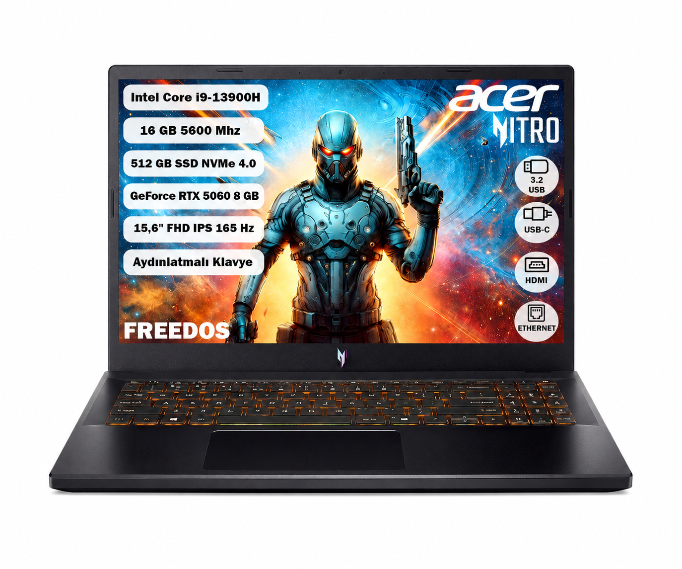 Arkadan aydınlatmalı klavyeli Acer Nitro dizüstü bilgisayar, Intel Core i9, RTX 5060 ve Freedos.