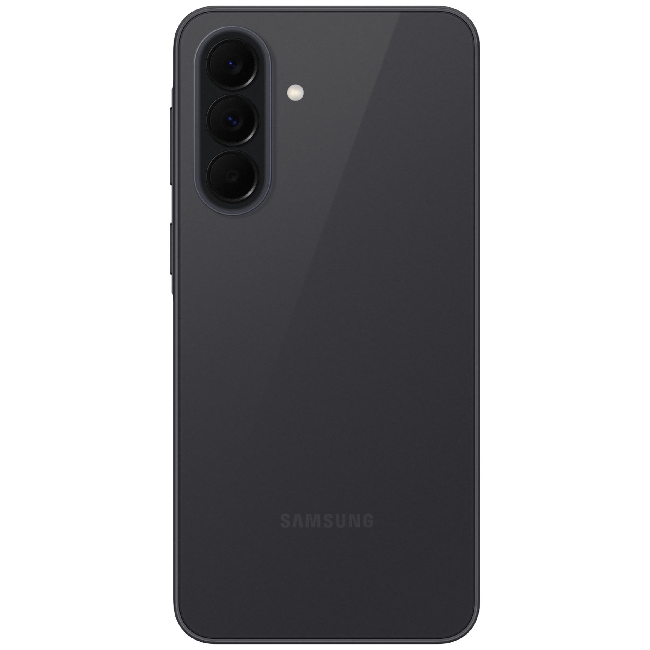 Achterkant van een donkere Samsung smartphone met drie camera's en flitser.