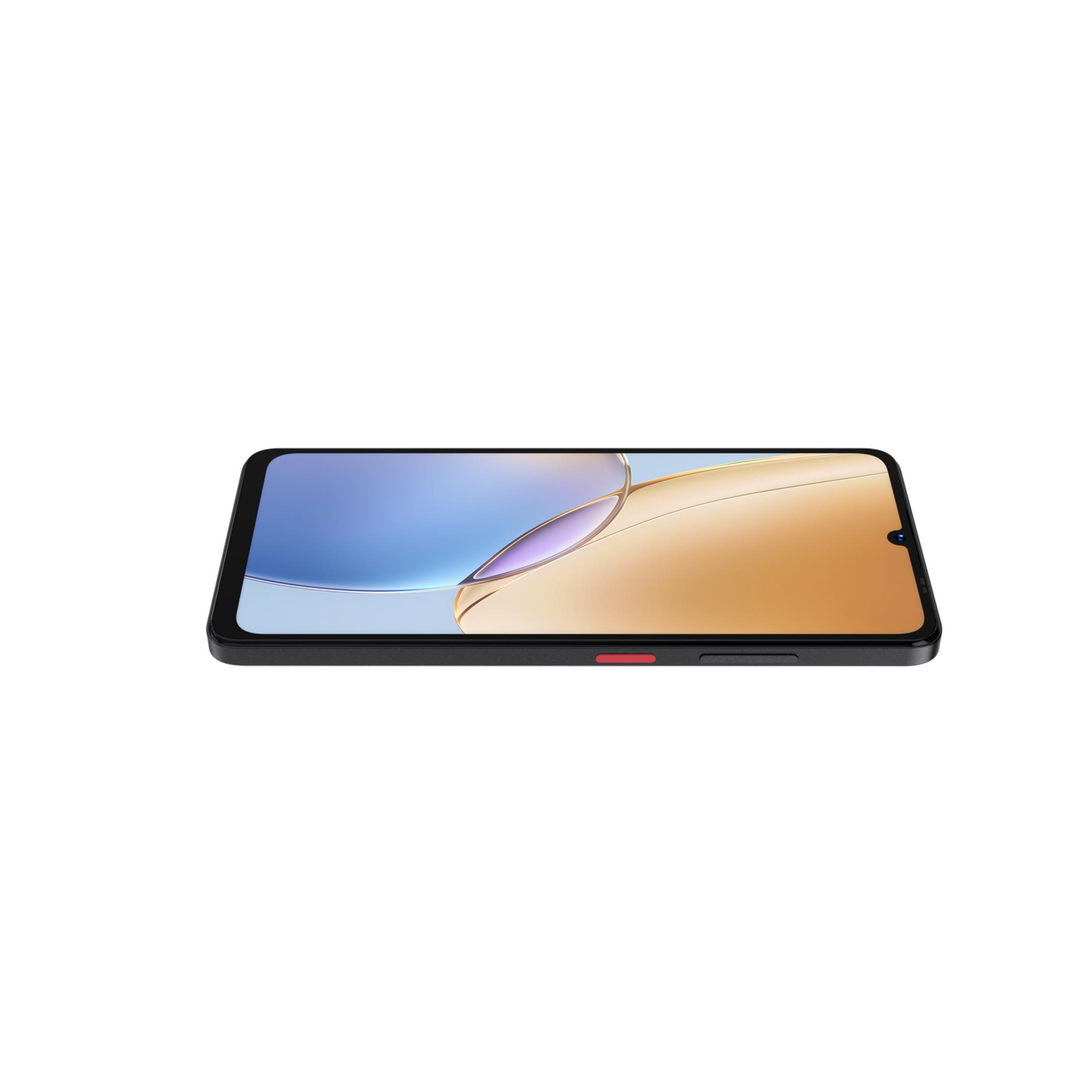 Czarny smartfon z kolorowym ekranem i czerwonym przyciskiem.