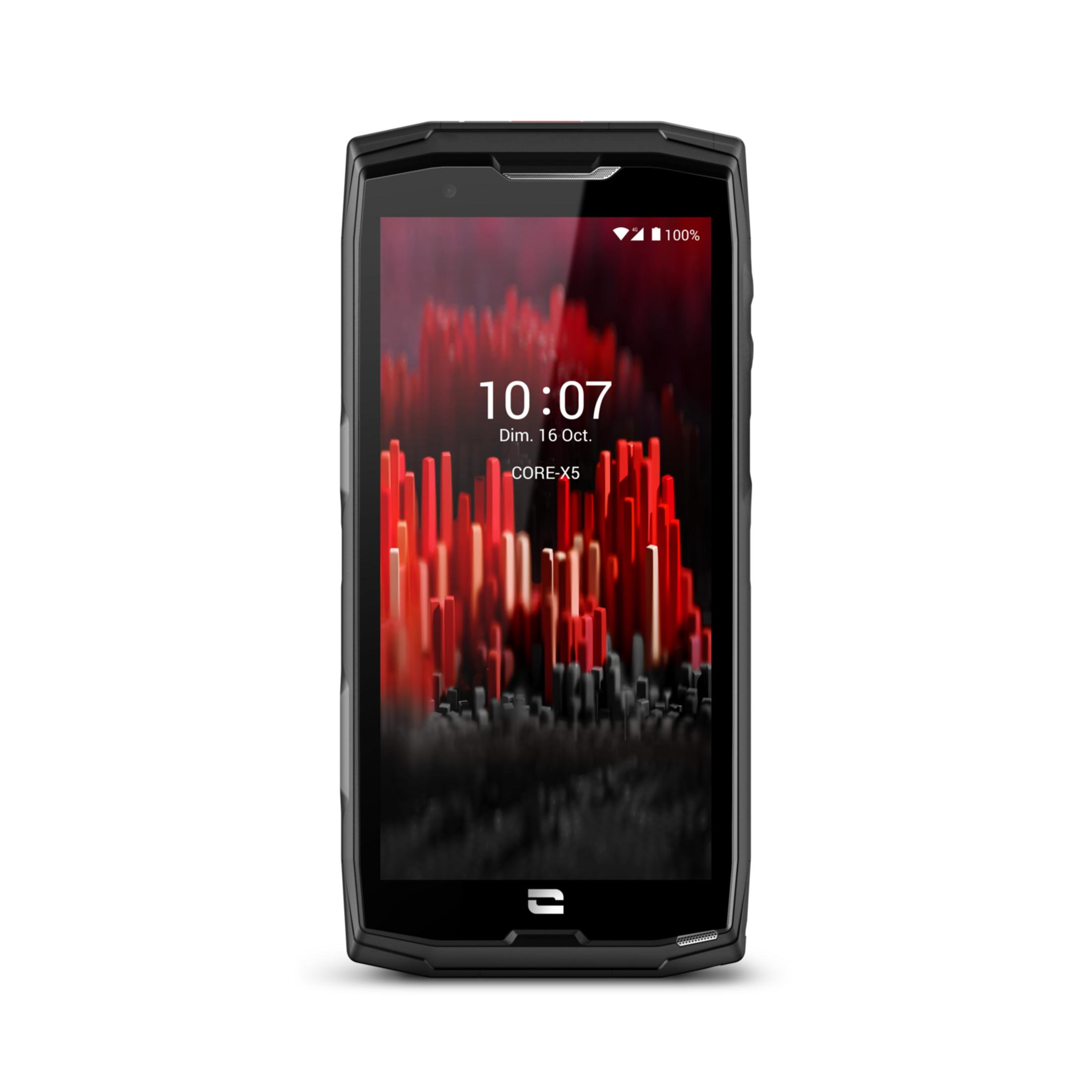 Smartphone nero con sfondo astratto rosso che mostra le 10:07.