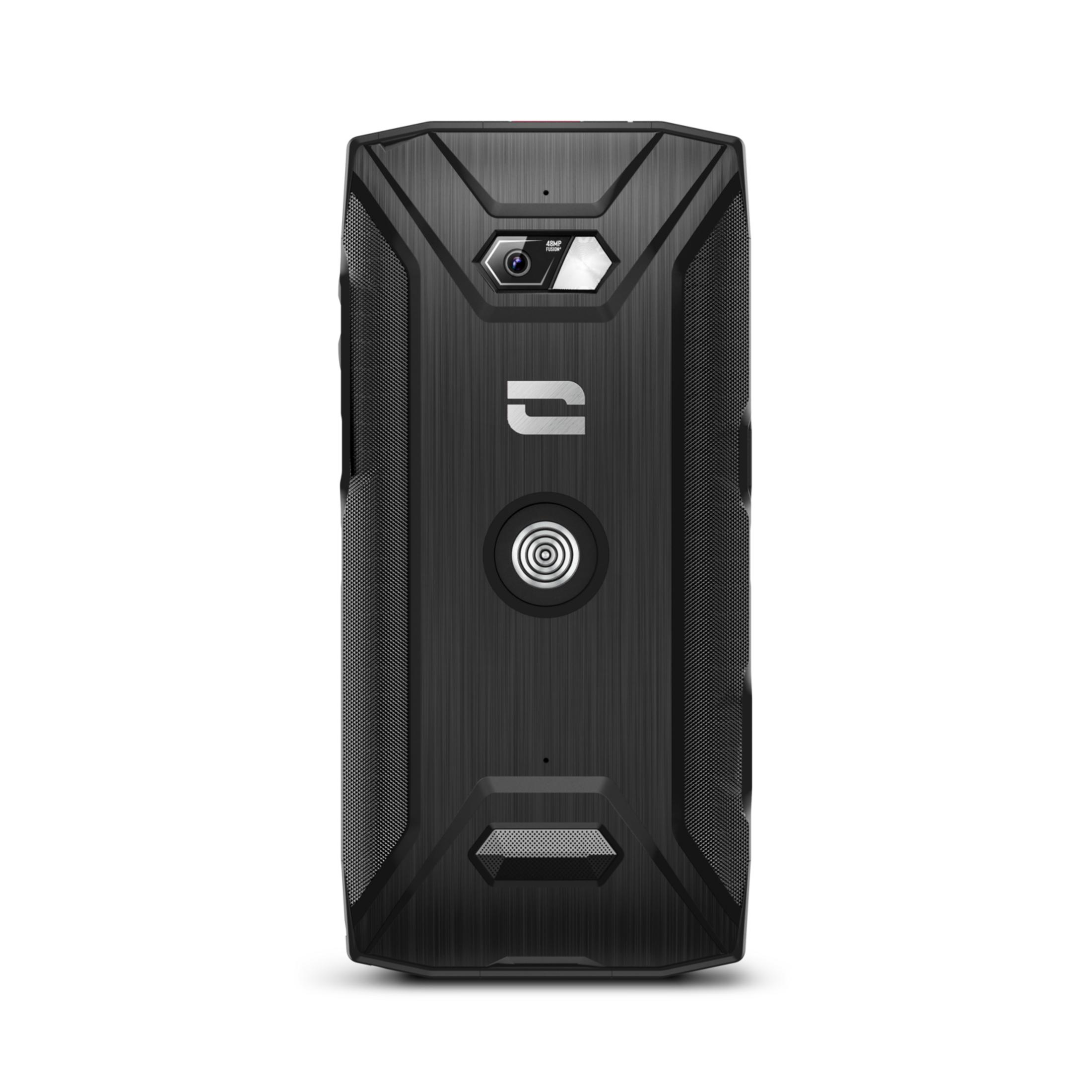 Smartphone robusto nero con fotocamera da 48MP e motivo a cerchi concentrici.