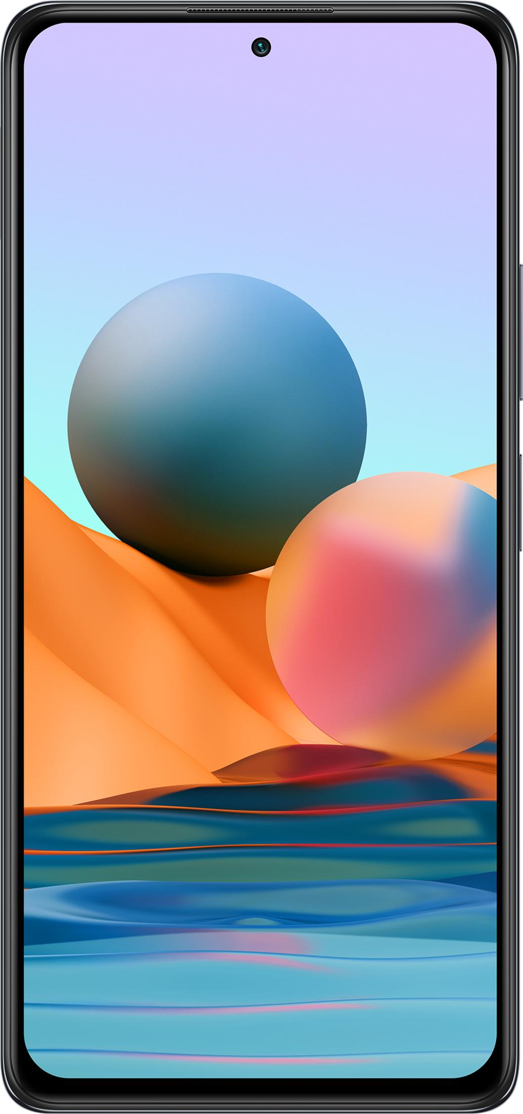 Smartfon wyświetla abstrakcyjne tło z kulami i falami.