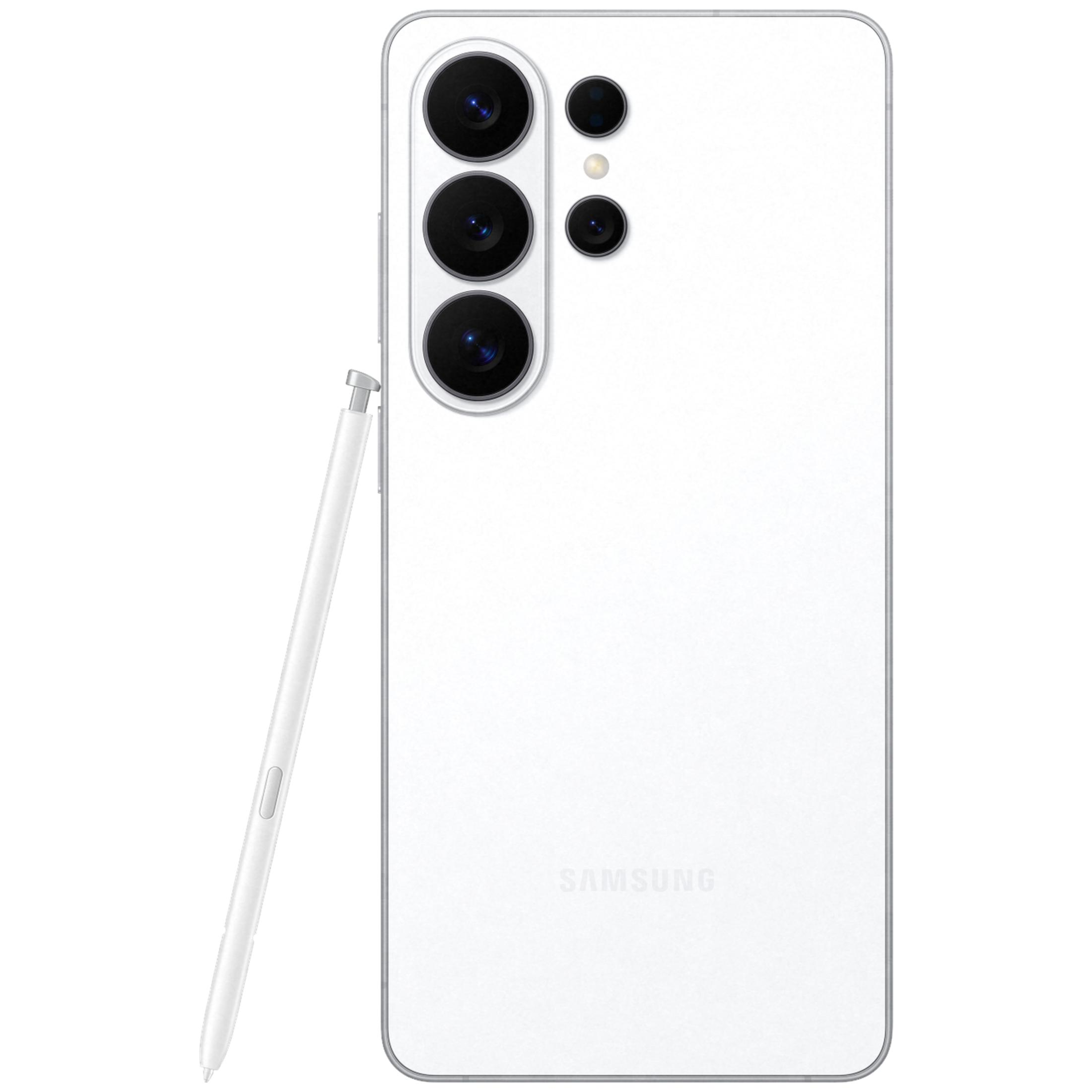 Biały smartfon Samsung ze stylusem i czterema tylnymi aparatami.