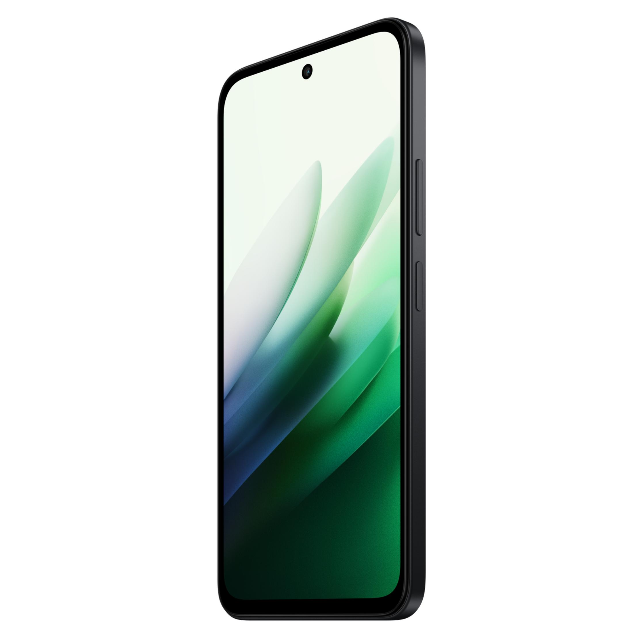 Teléfono inteligente negro con pantalla que muestra líneas verdes y azules.