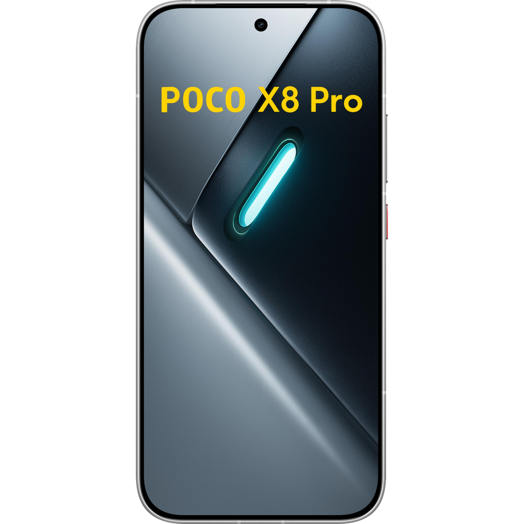 Smartfon POCO X8 Pro z niebieskim świecącym paskiem i żółtym tekstem.