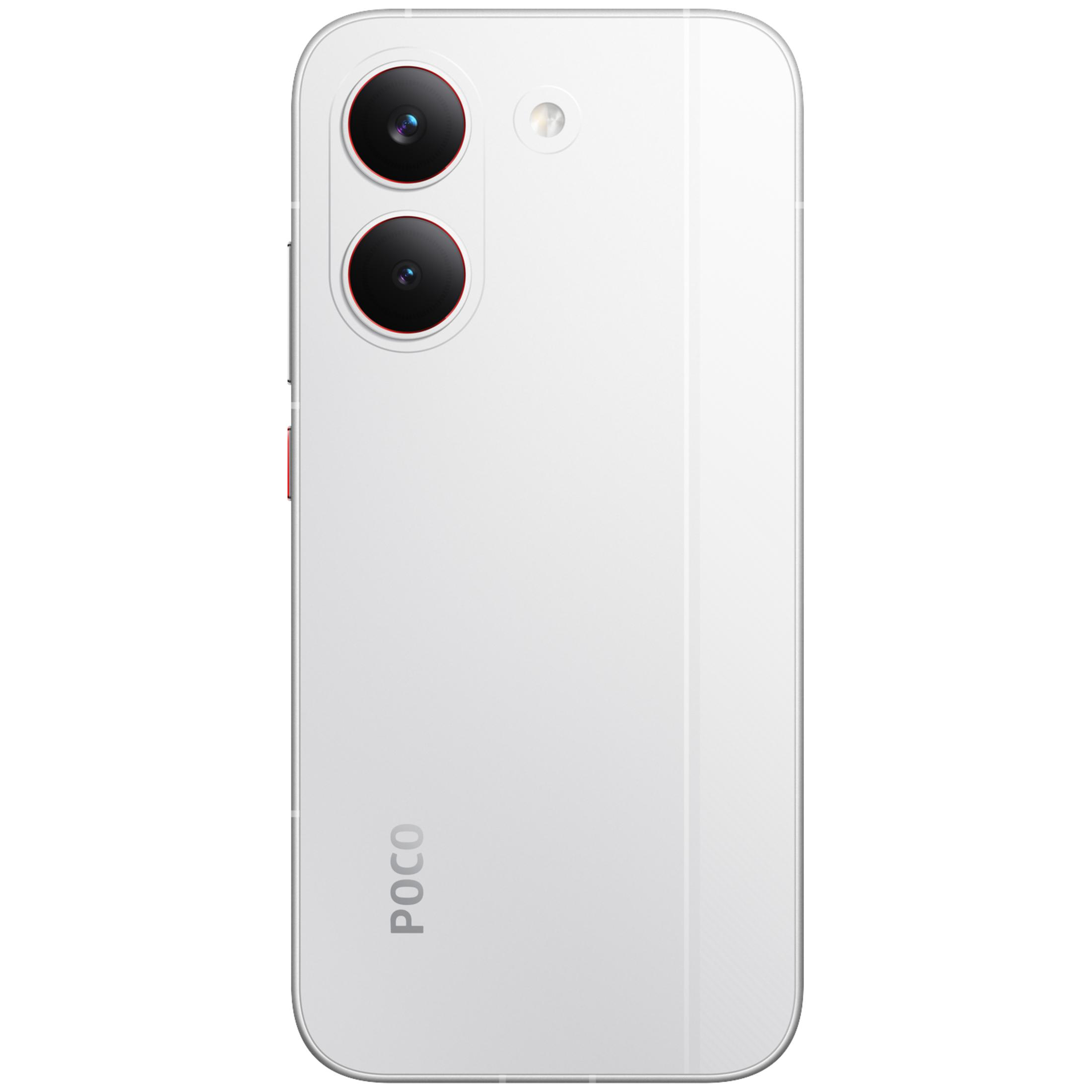 Biały smartfon z dwoma aparatami i logo POCO na tyle.