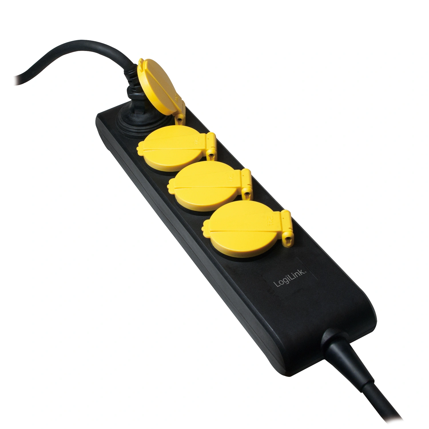 Schwarze Steckdosenleiste mit drei gelb abgedeckten Steckdosen und schwarzem Kabel.