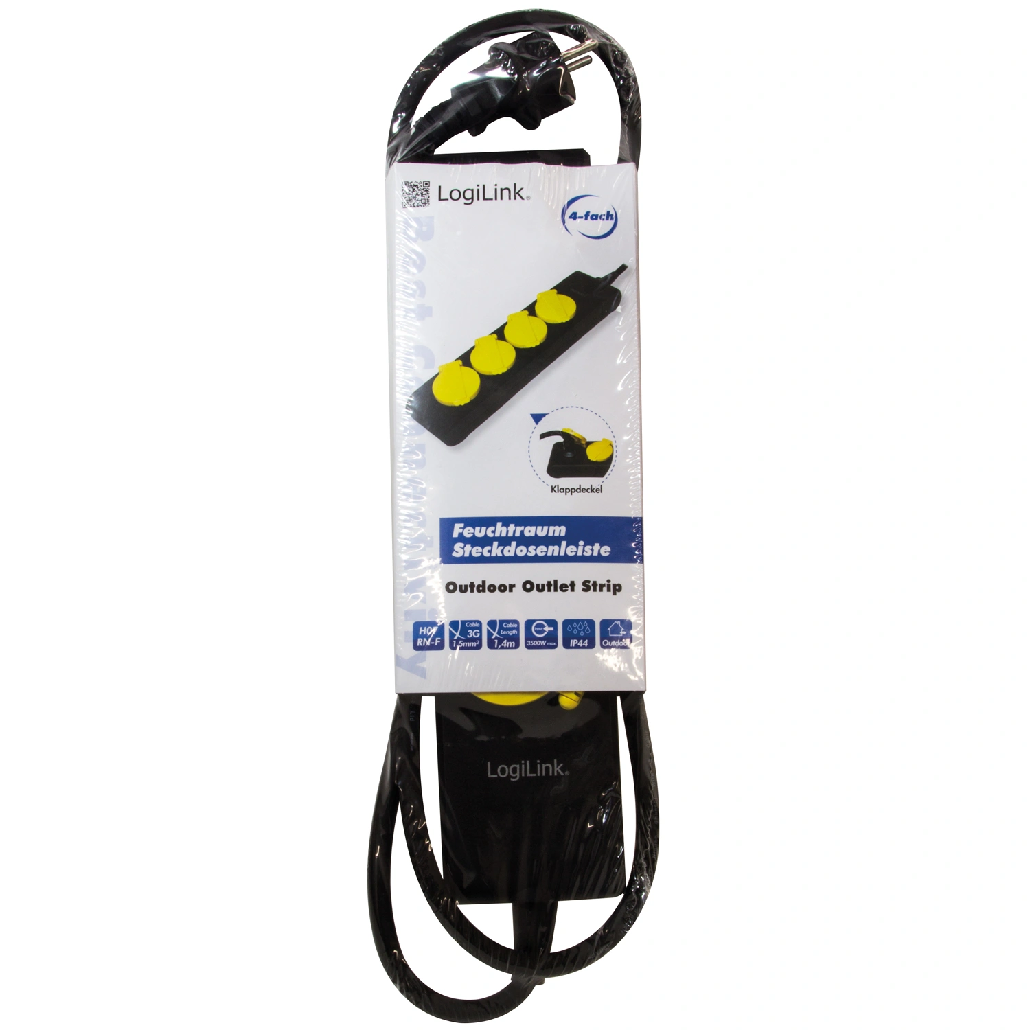 LogiLink 4-fach Outdoor Steckdosenleiste mit Klappdeckel, 1,4m Kabel.