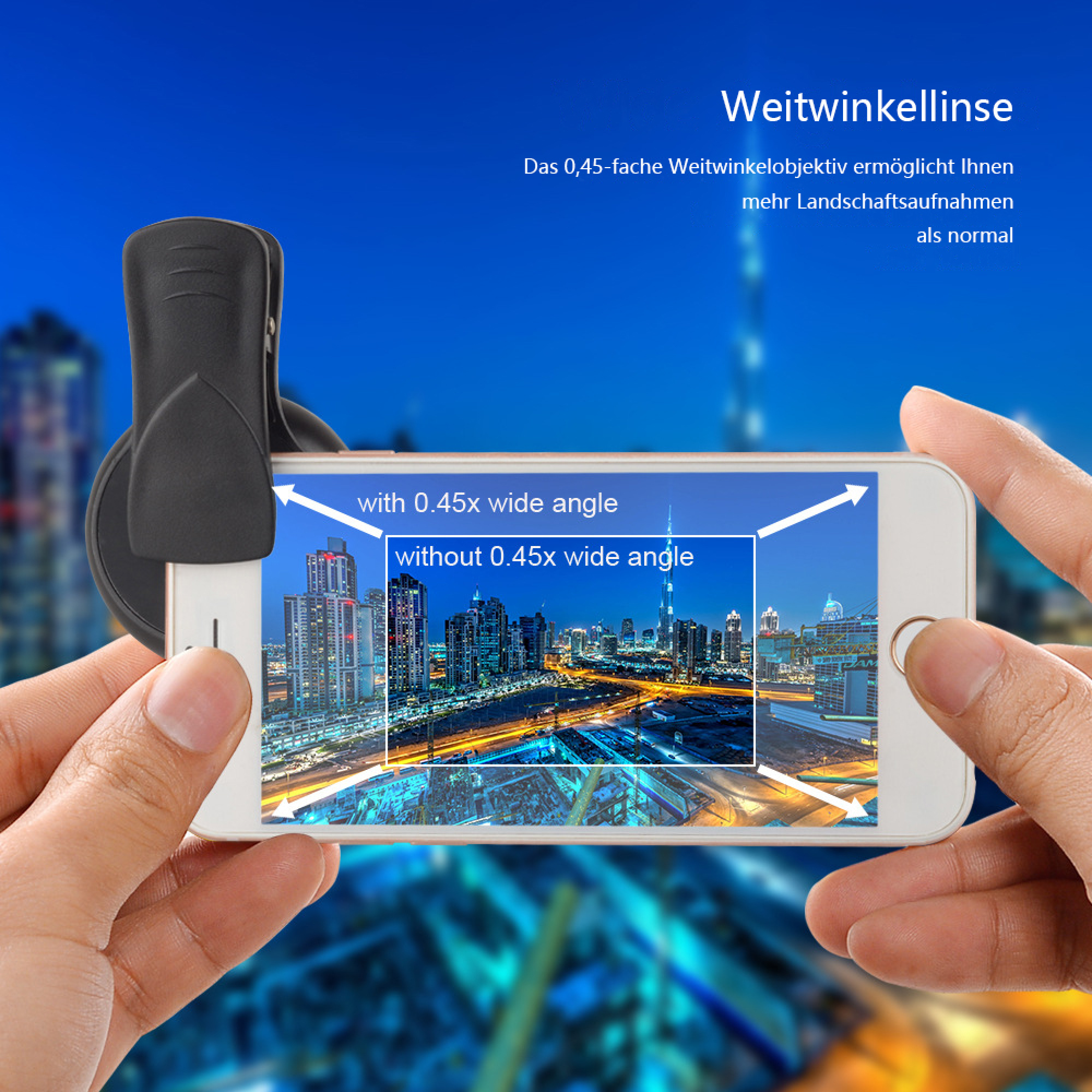 Smartphone mit Weitwinkelobjektiv zeigt Stadtbild mit und ohne Weitwinkel.