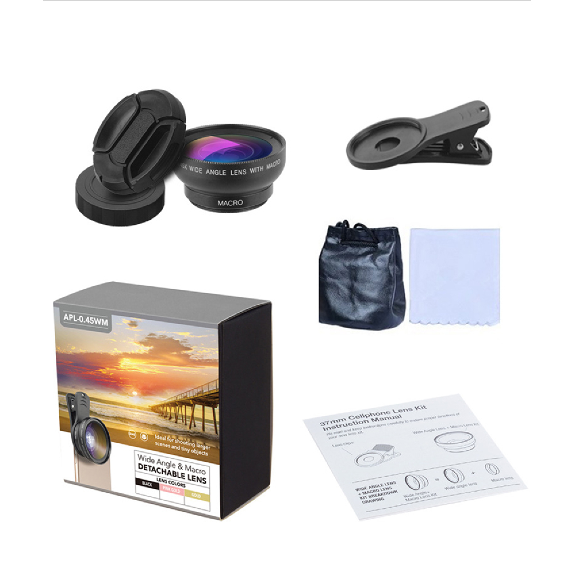 Ein Handy-Objektiv-Kit mit Makro- und Weitwinkelobjektiven, Clip, Tasche, Tuch und Anleitung.