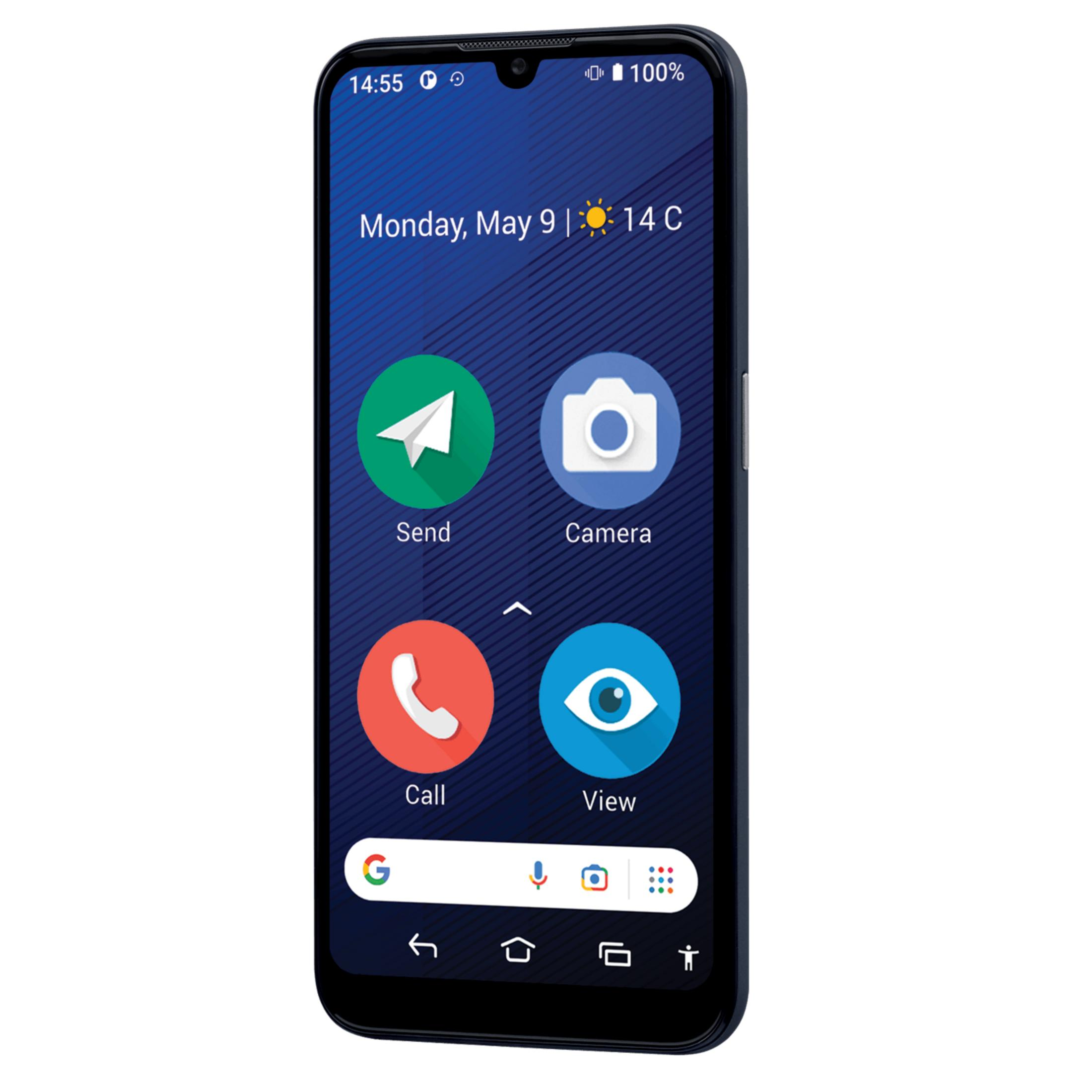 Ein dunkles Smartphone mit vier App-Symbolen und einer Google-Suchleiste.