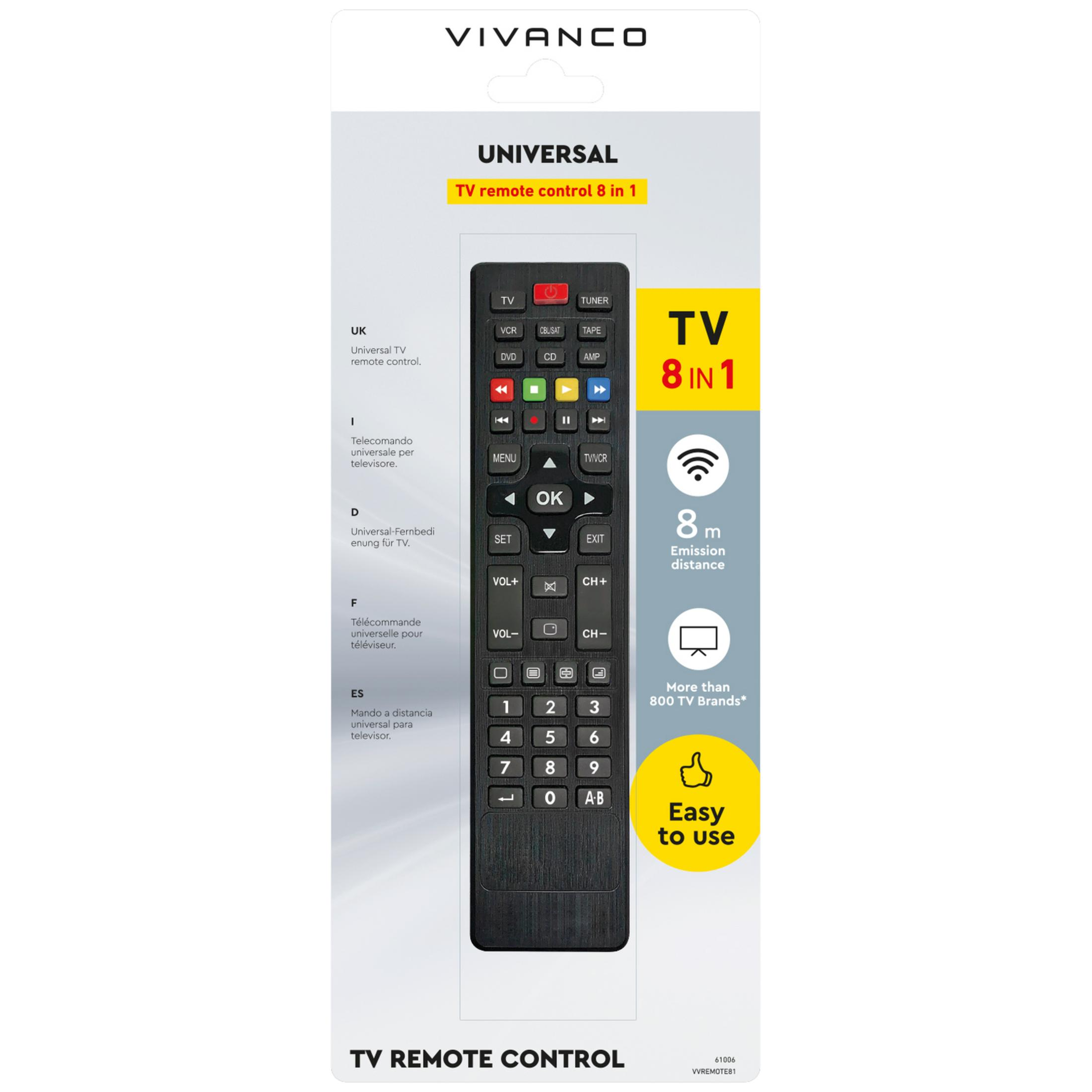 Telecomando TV universale nero con pulsanti ed etichette per 8 dispositivi.