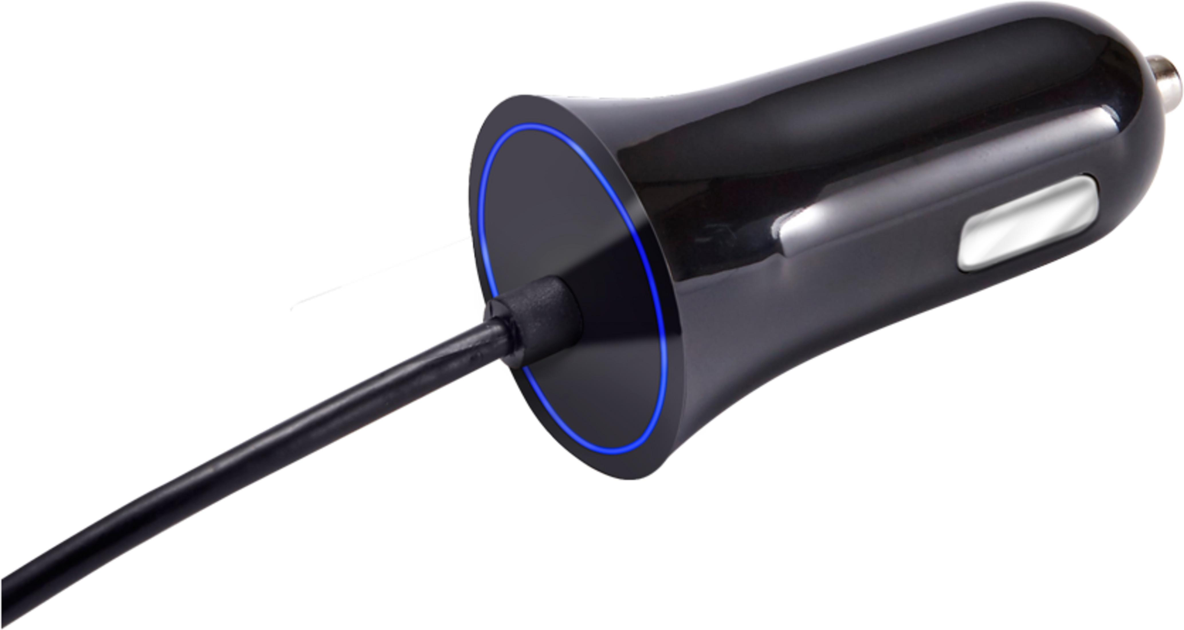 Schwarzer Kfz-Ladeadapter mit blauem LED-Ring und Kabel.