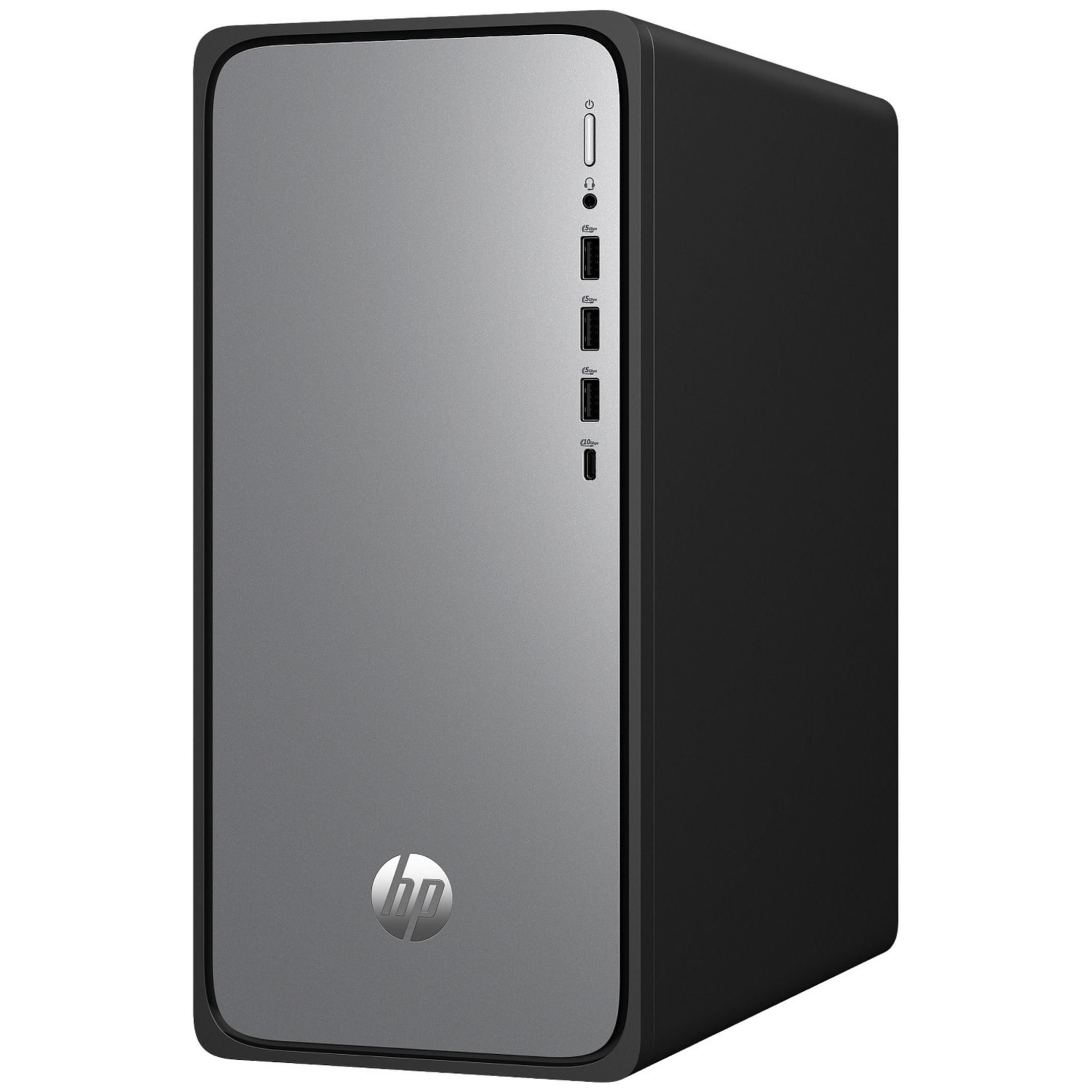 A black HP tower PC with a gray front and ports.