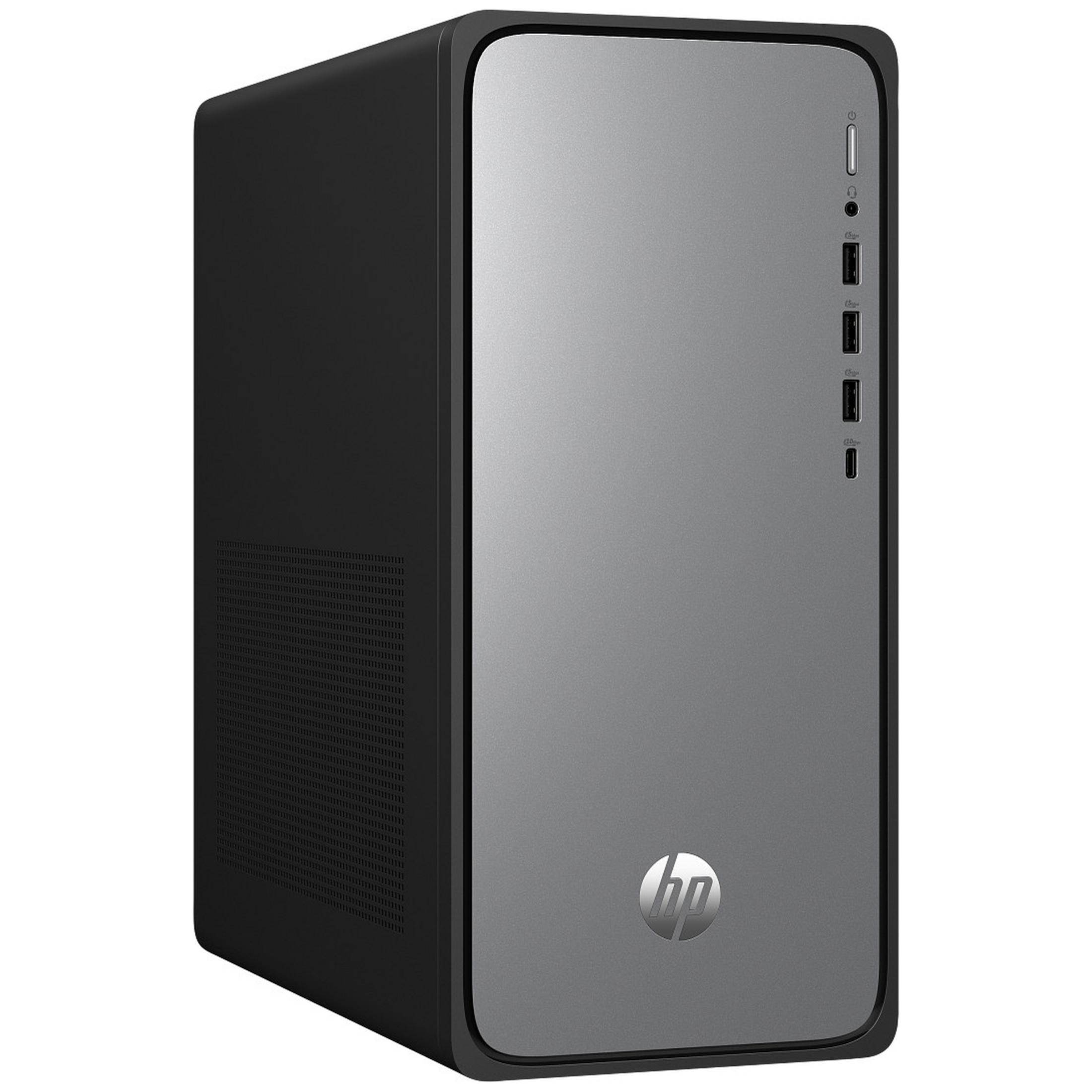 A black HP desktop tower with a silver front panel and ports.