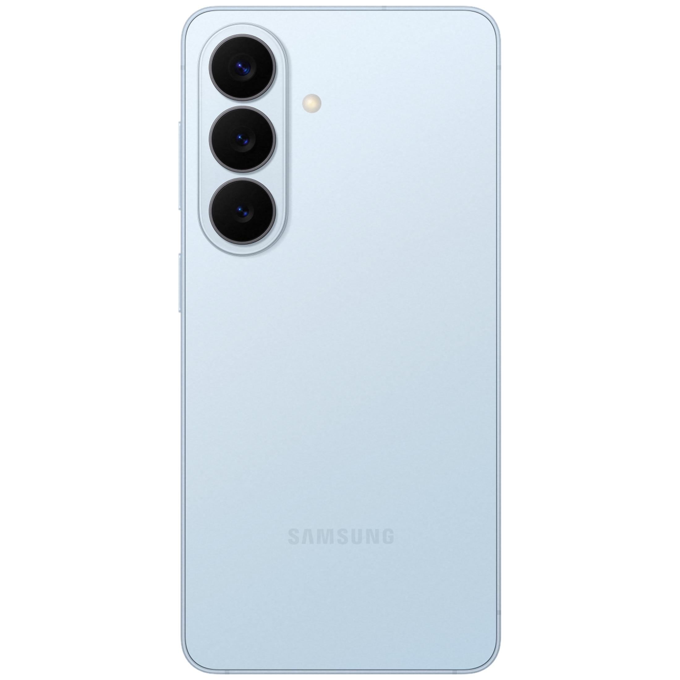 Ein hellblaues Smartphone mit drei Kameras und dem Samsung-Logo.