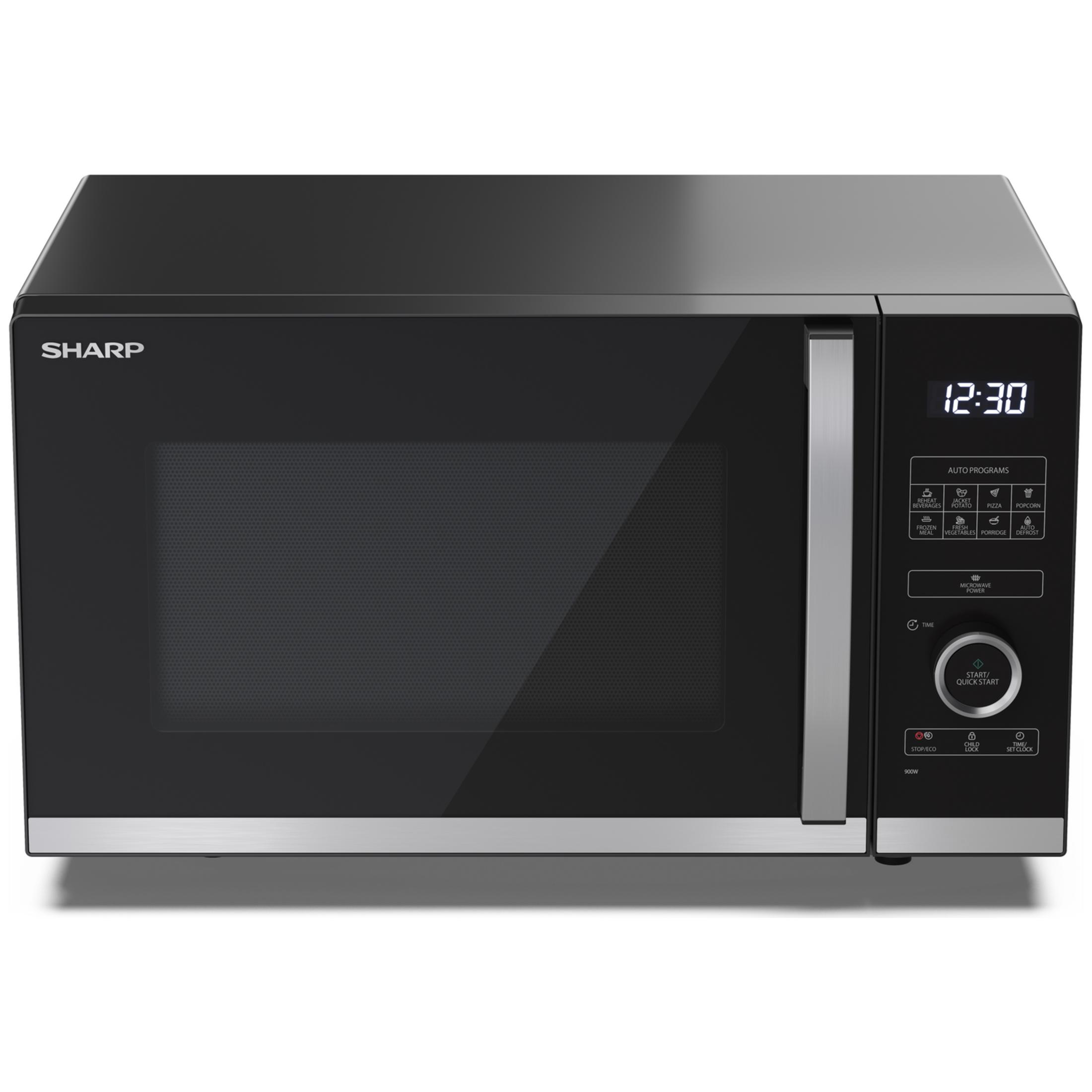 Un horno de microondas Sharp negro con pantalla digital.