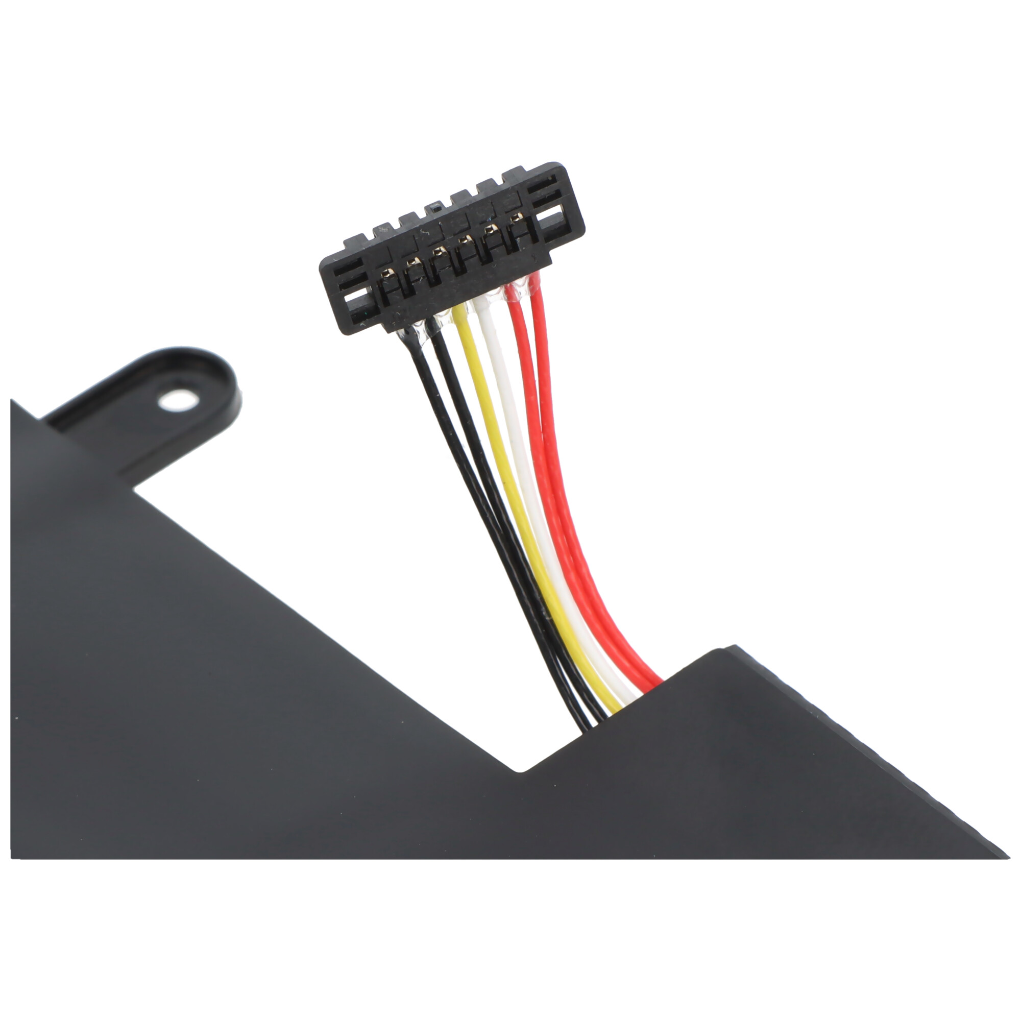 Schwarzer Stecker mit roten, weißen, gelben und schwarzen Kabeln und schwarzer Batterie.