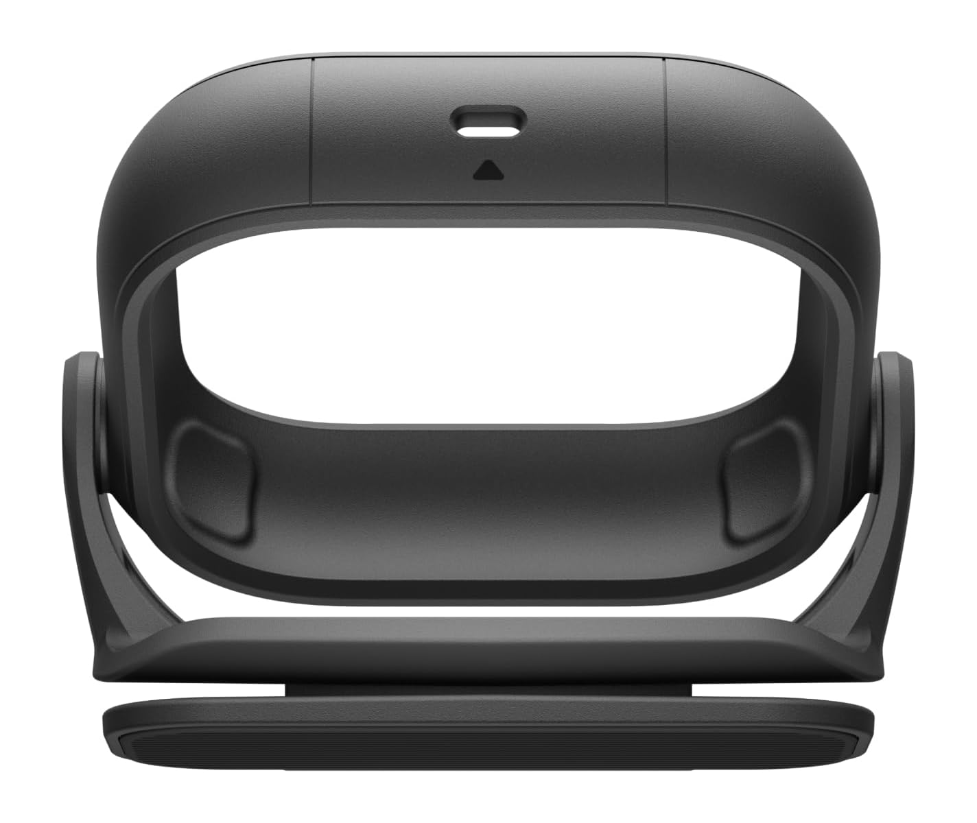Ein schwarzes, futuristisch aussehendes Headset oder eine Halterung auf weißem Hintergrund.
