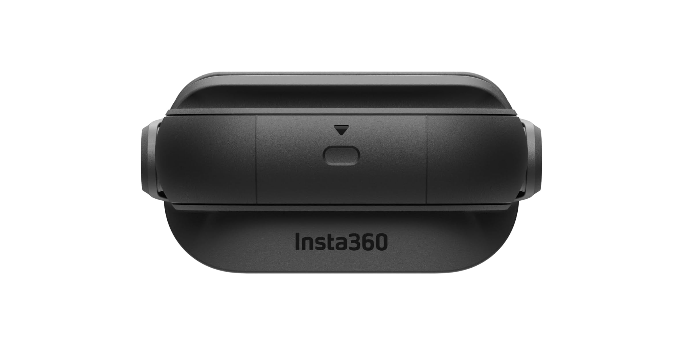 Schwarze Insta360 Kamera mit zwei Objektiven auf weißem Hintergrund.