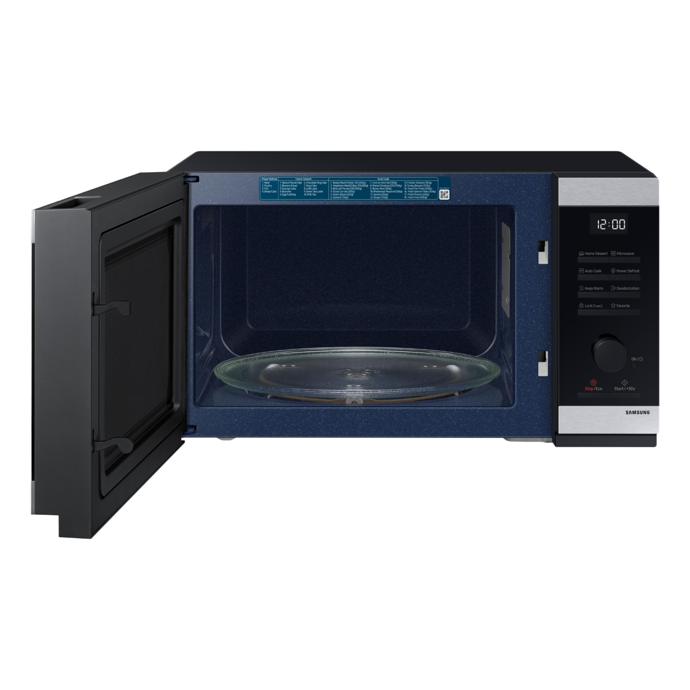 Un microonde Samsung aperto con interno blu e piatto girevole in vetro.