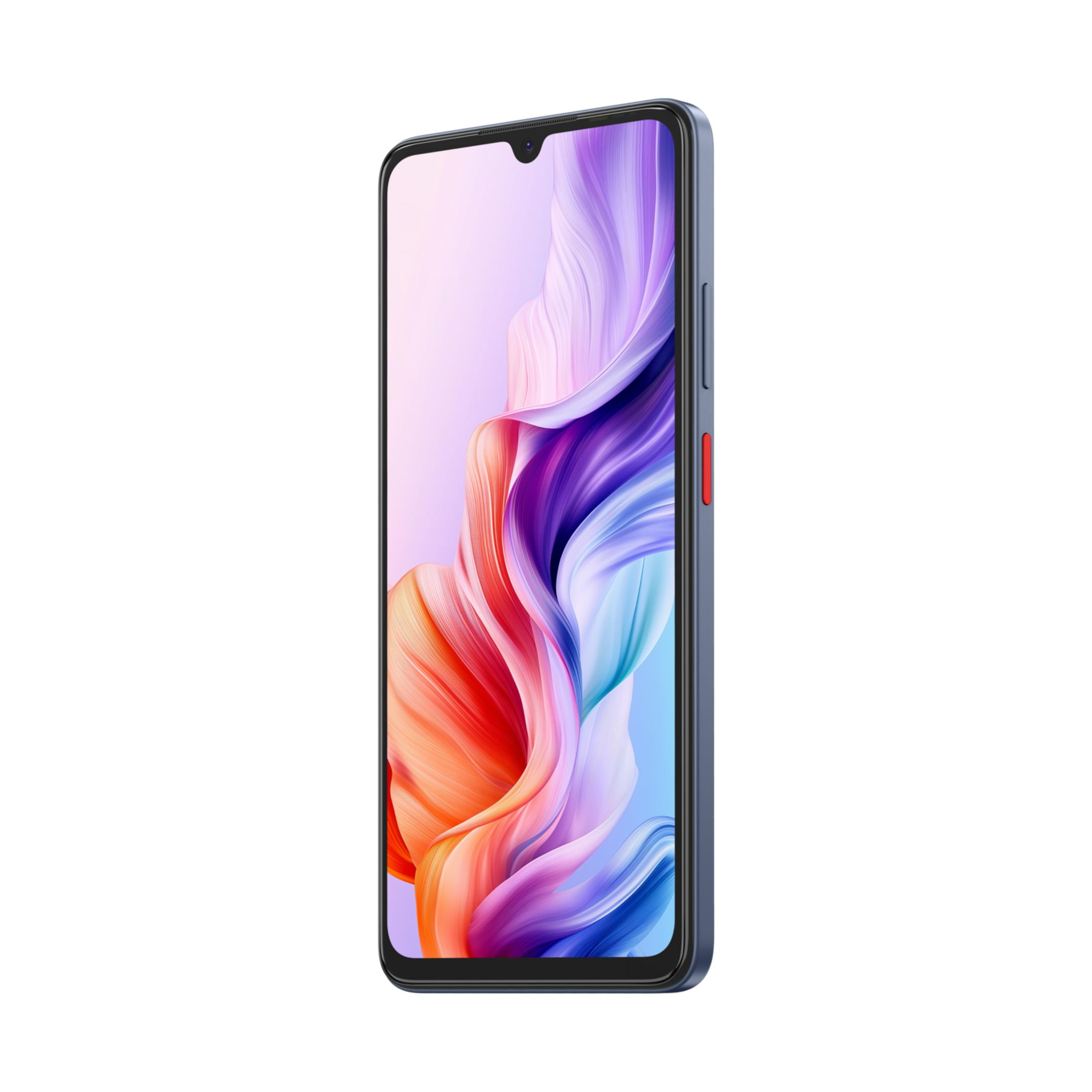 Niebieski smartfon z kolorową tapetą, widok z boku.