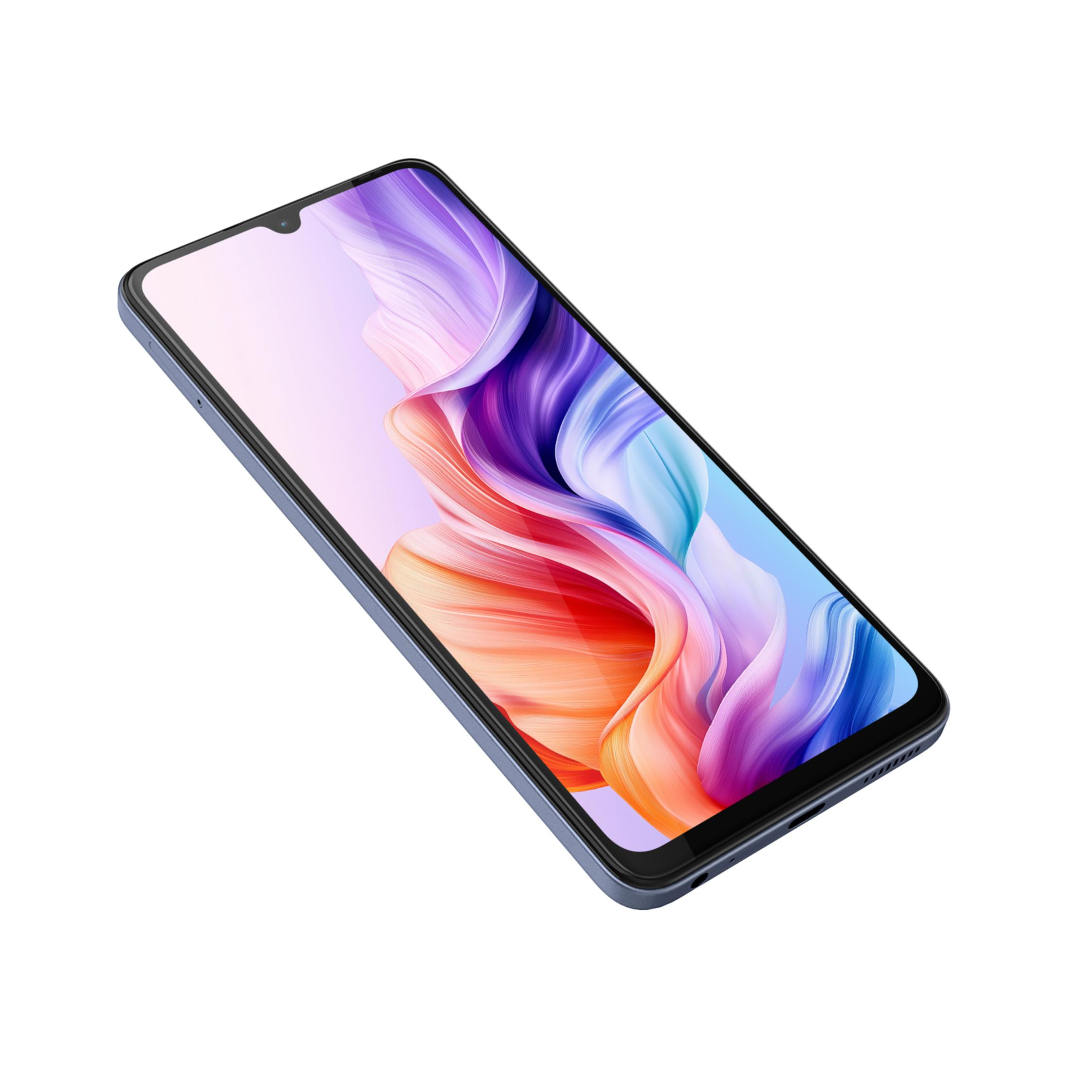 Niebieski smartfon wyświetlający kolorową tapetę na ekranie.