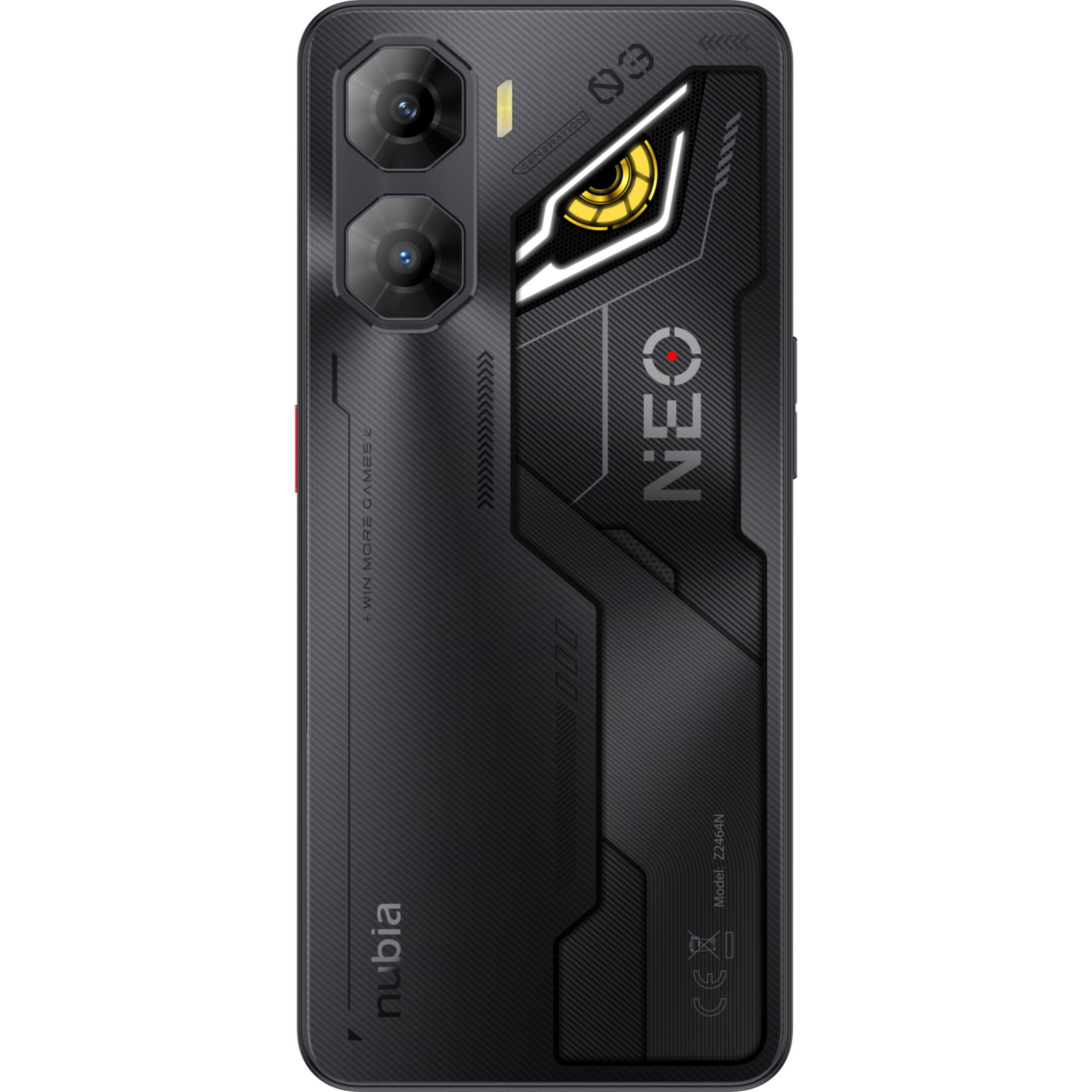 Retro di uno smartphone Nubia Neo nero con doppia fotocamera e accenti gialli.