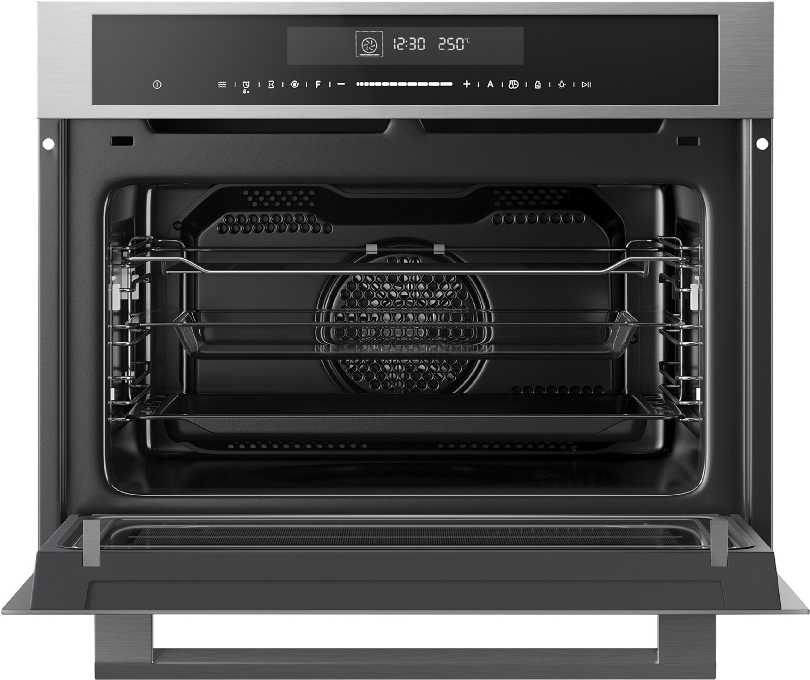 A modern built-in oven with an open compartment, glass shelves, and digital display.