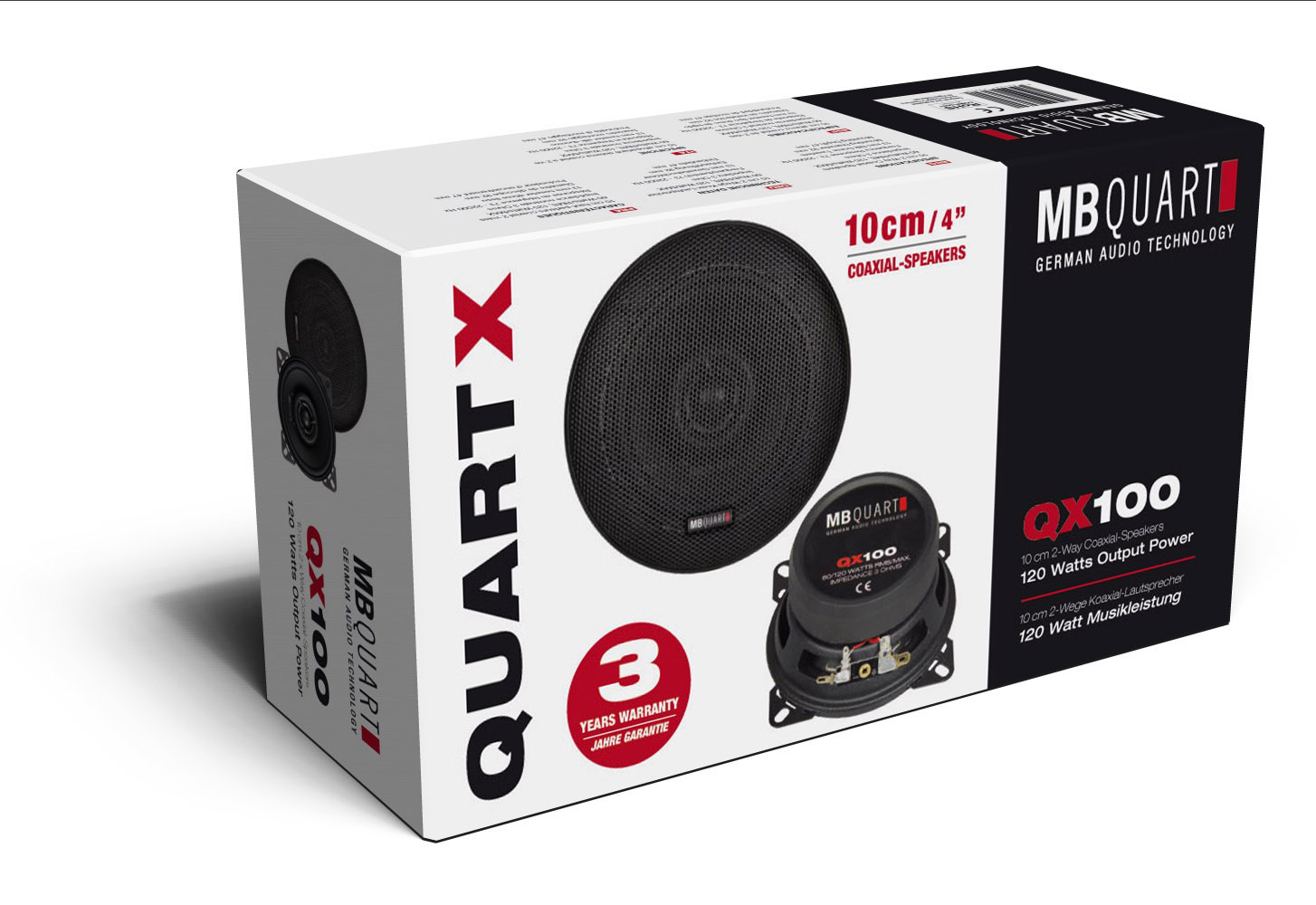 Verpackung mit MB Quart Lautsprechern, 10cm, 120W, Koaxial-Lautsprecher, 3 Jahre Garantie.