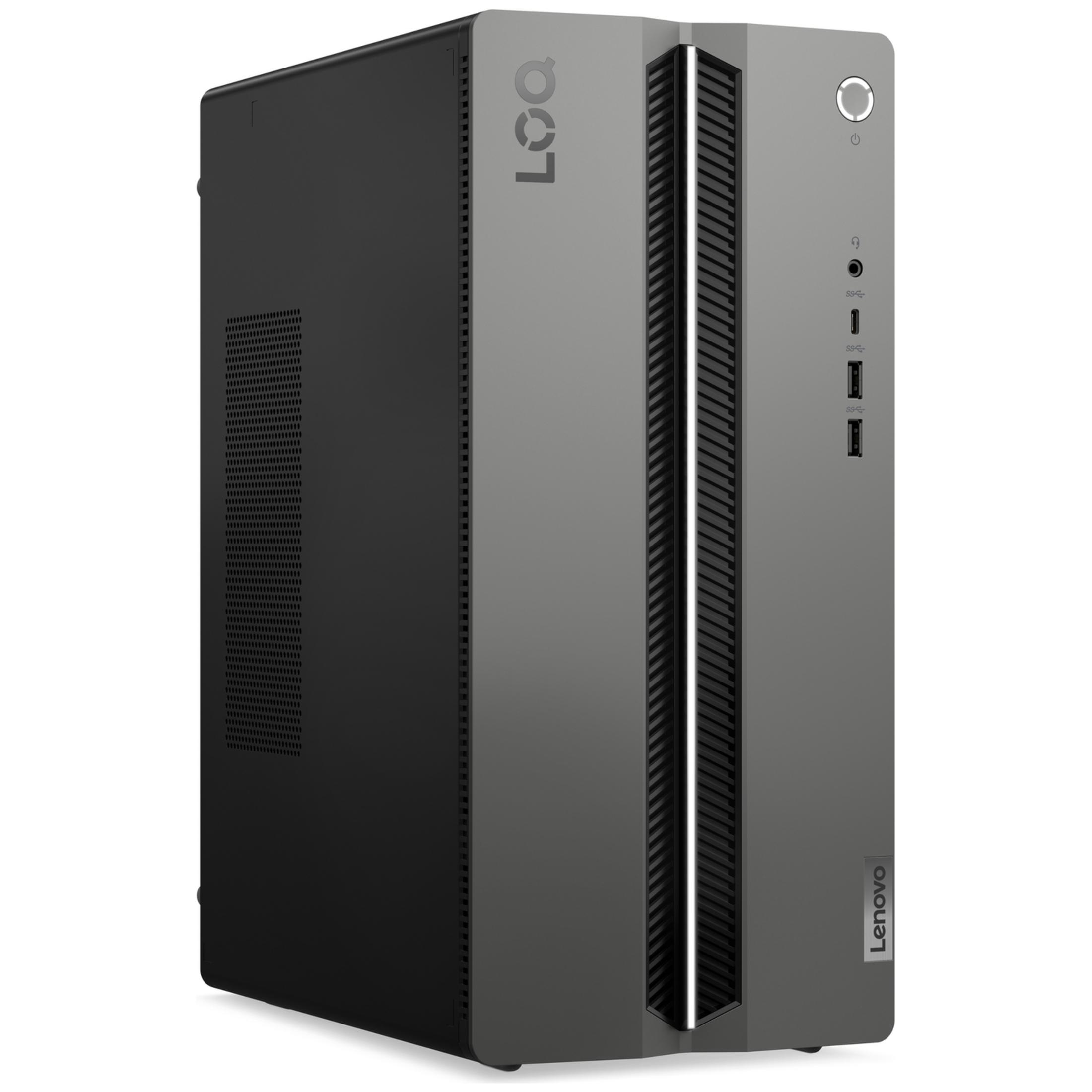Grijze Lenovo tower pc met zwarte voorkant en ventilatiesleuven.