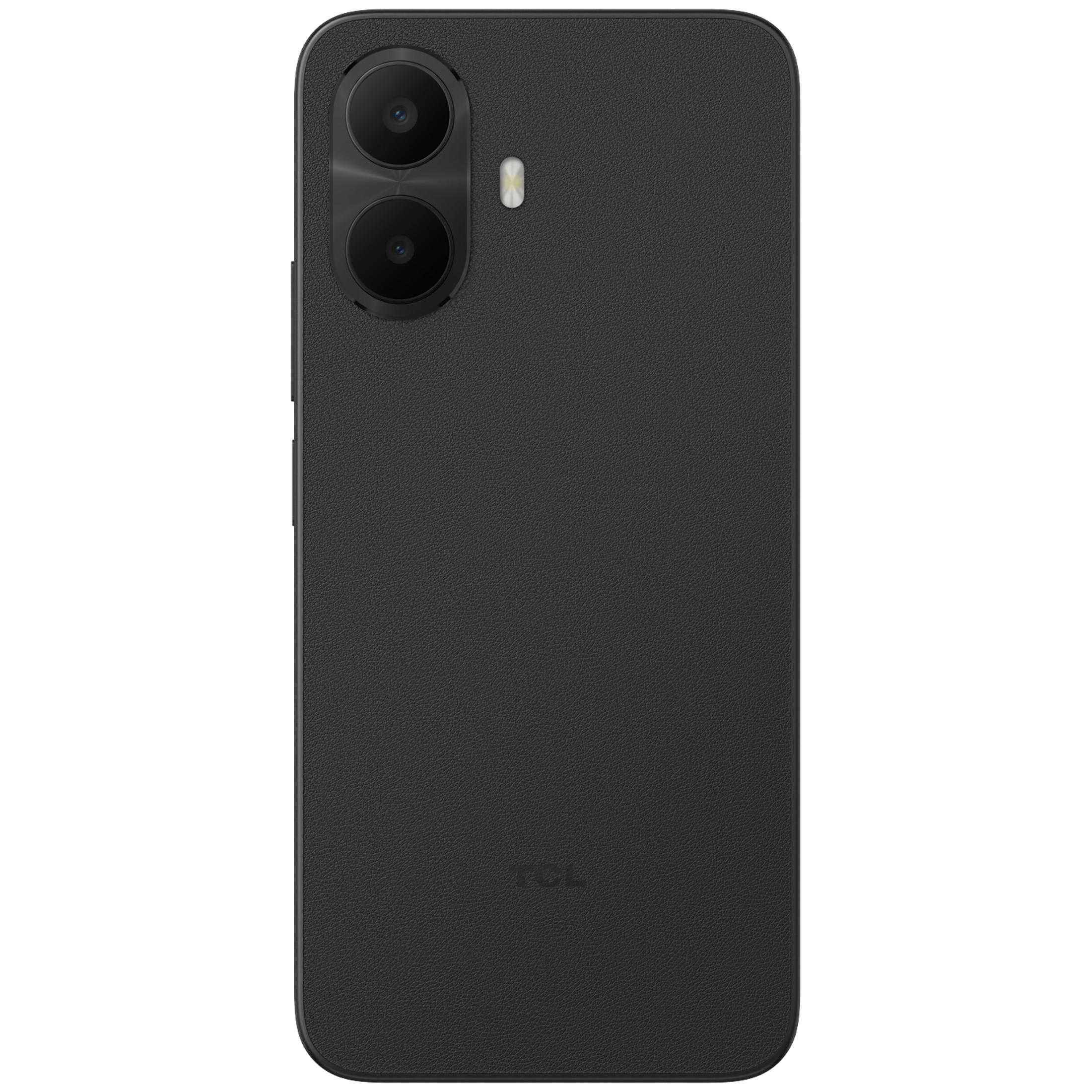 Tył czarnego smartfona z dwoma aparatami i logo TCL.