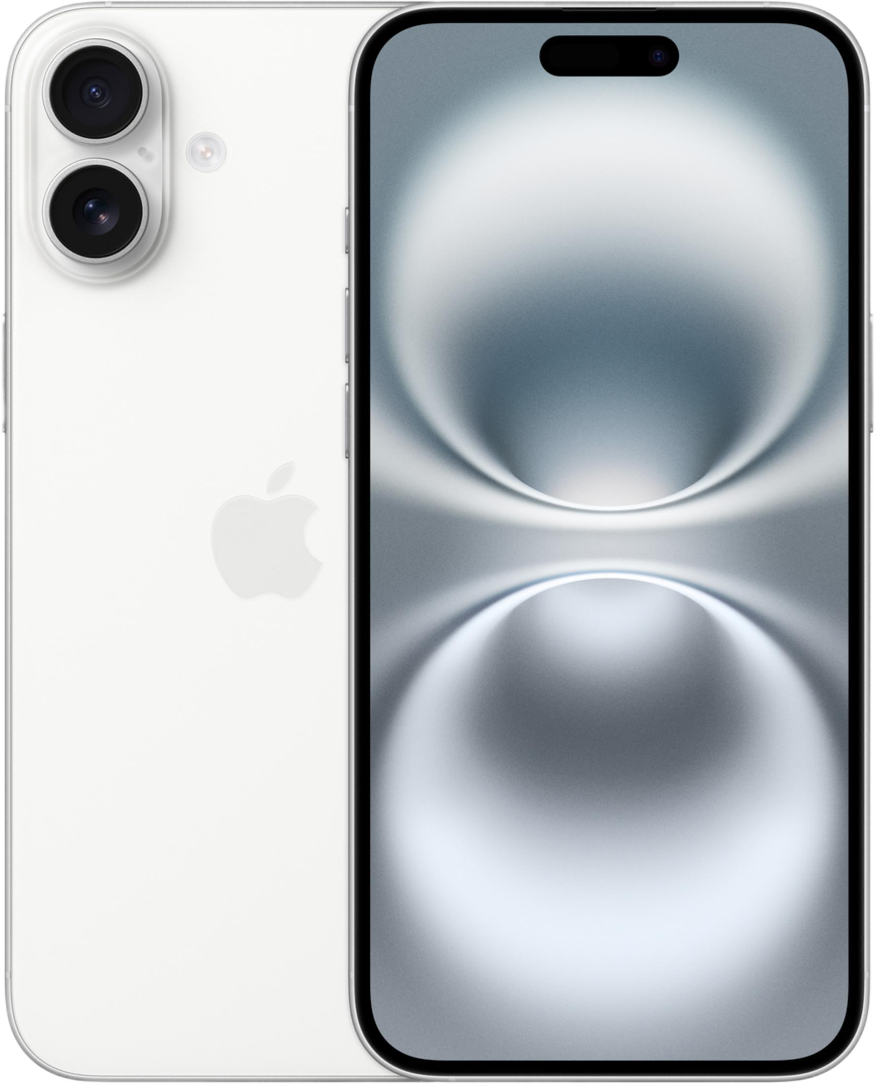 Biały iPhone z dwoma aparatami z tyłu i ekranem.
