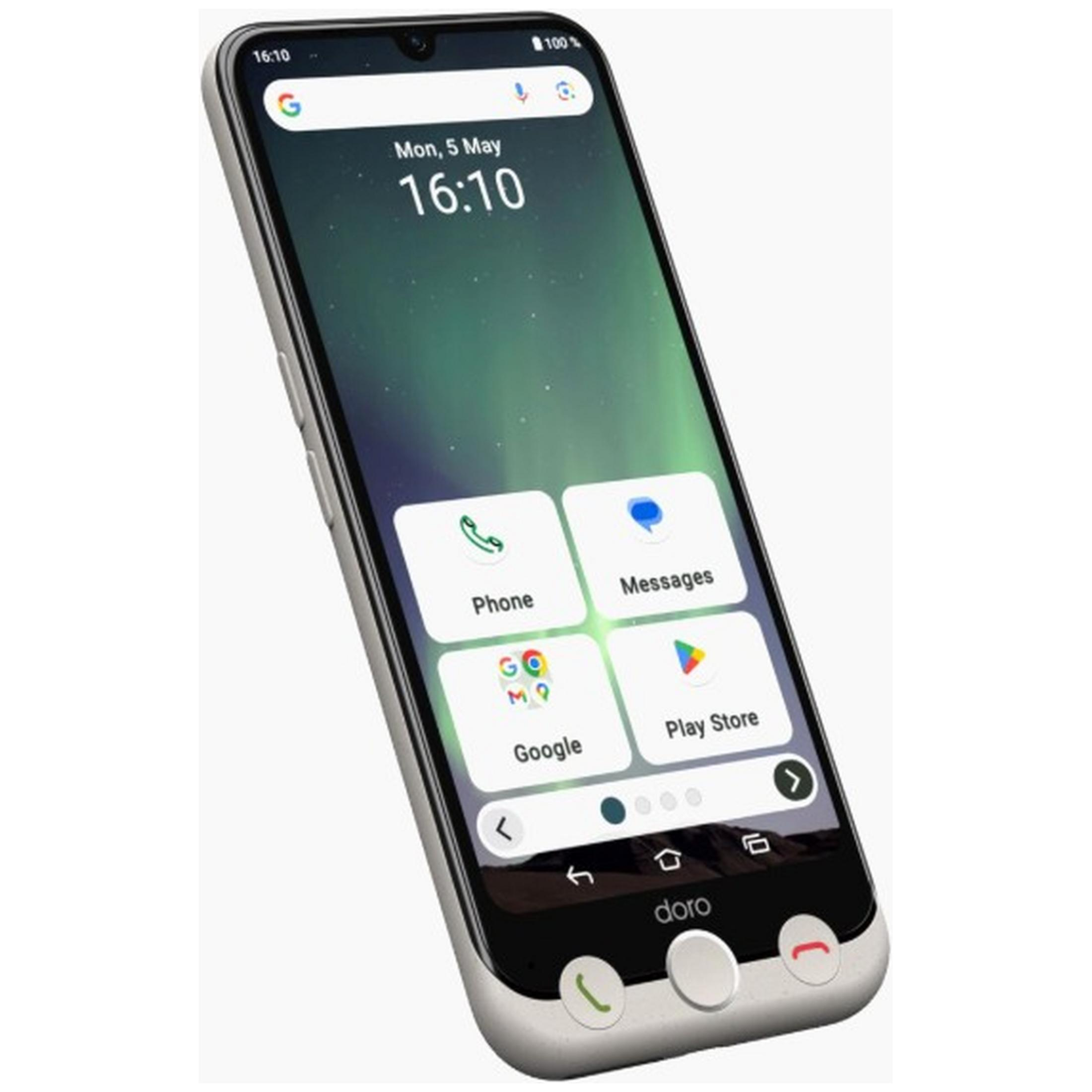 Un smartphone Doro plateado con pantalla 16:10 mostrando apps.