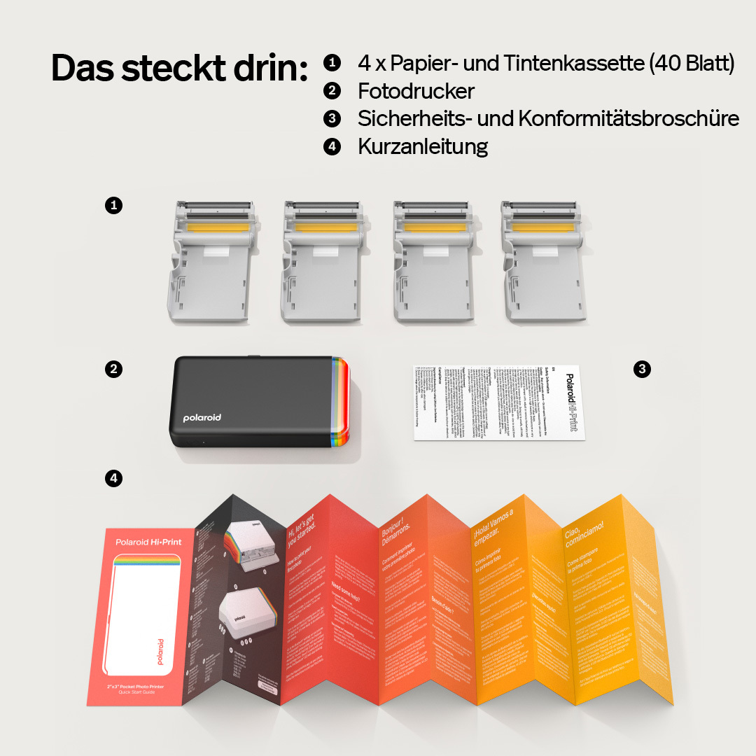 Polaroid Hi-Print Zubehör: vier Kassetten, Drucker, Broschüren, Anleitung.