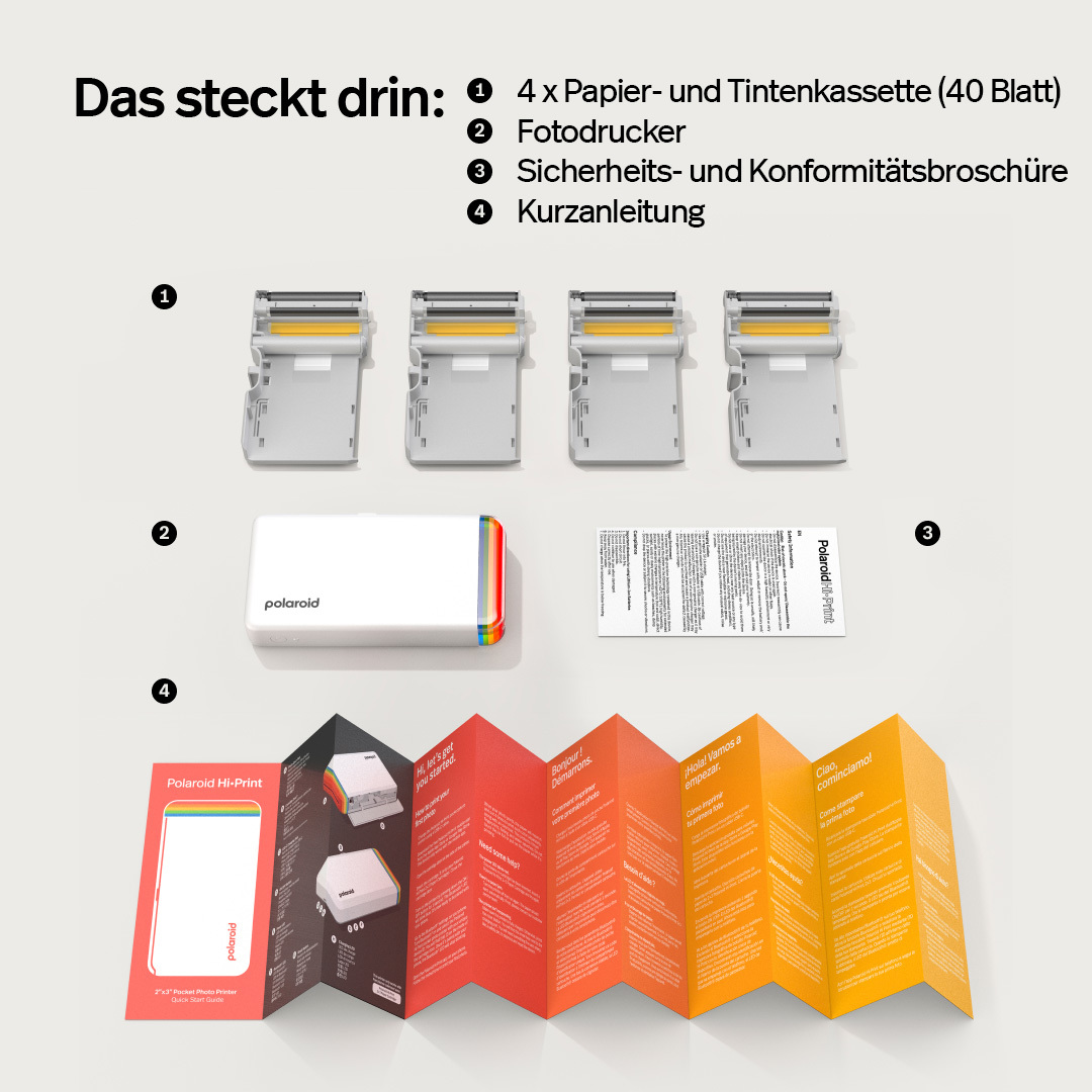 Polaroid Hi-Print Zubehör: 4 Tintenkassetten, Fotodrucker, Broschüren und Anleitung.