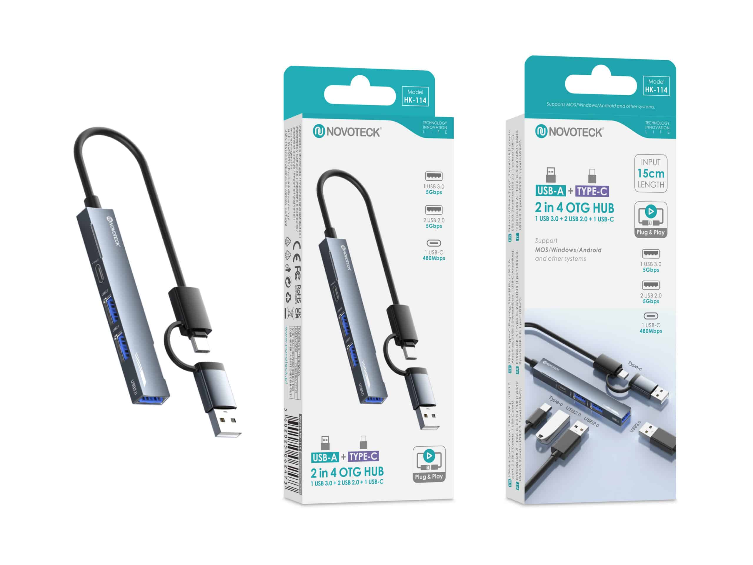Hub OTG Novoteck 2 en 4 con entradas USB-A y USB-C.