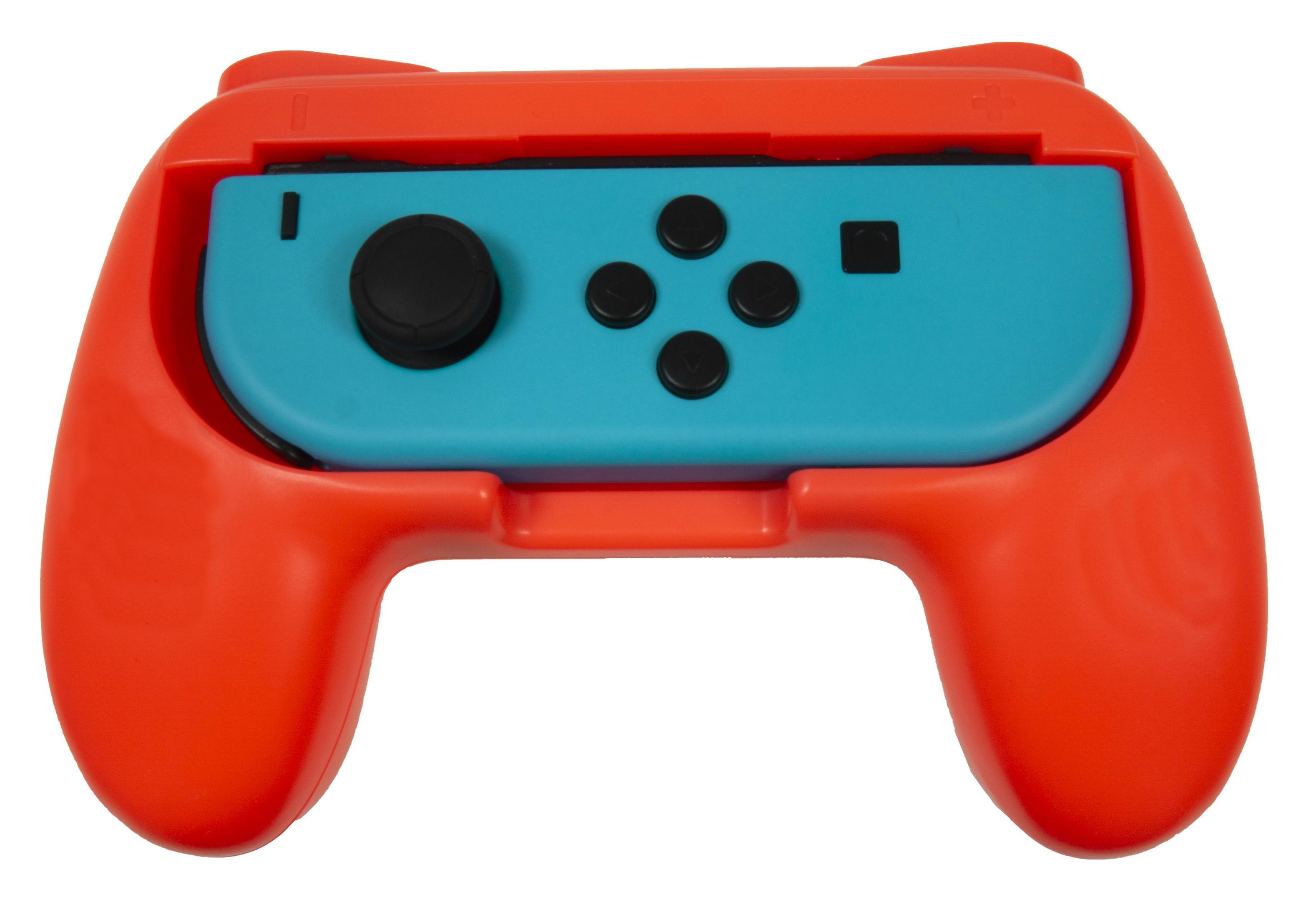 Ein roter Controllerhalter mit einem blauen Joy-Con-Einsatz und schwarzen Tasten.